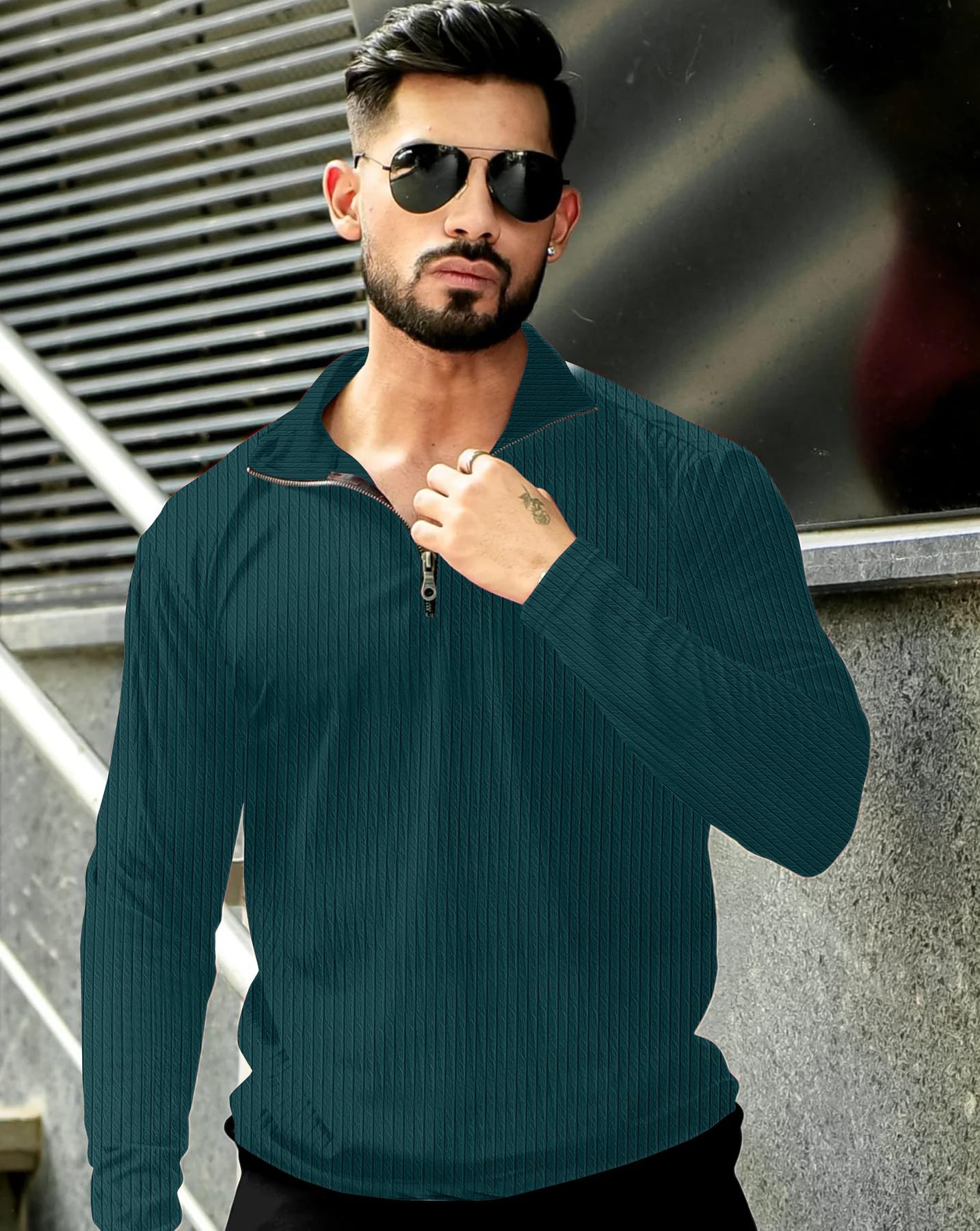 KAJARU Men's Quarter Zip Pullover T-Shirt, Cable Knit Pattern, Full Sleeve (in, Alpha, M, MOREPINCH) - Image 7 thumbnail