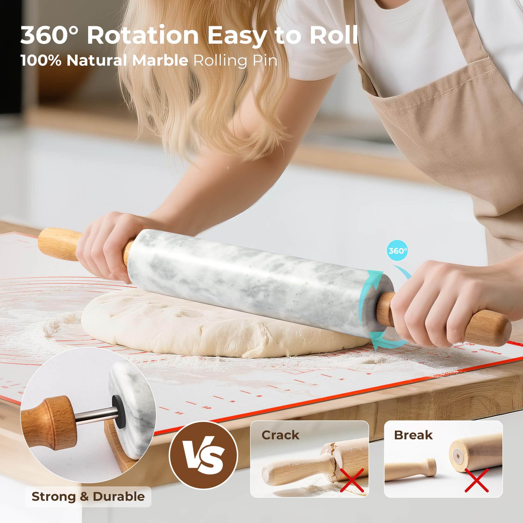 Mattarello in marmo con tappetino in silicone antiaderente e base in legno, rullo per pasta pesante da 42 cm, per crosta di pizza, biscotti, pasta, fondente, pasticceria, superficie lucida
