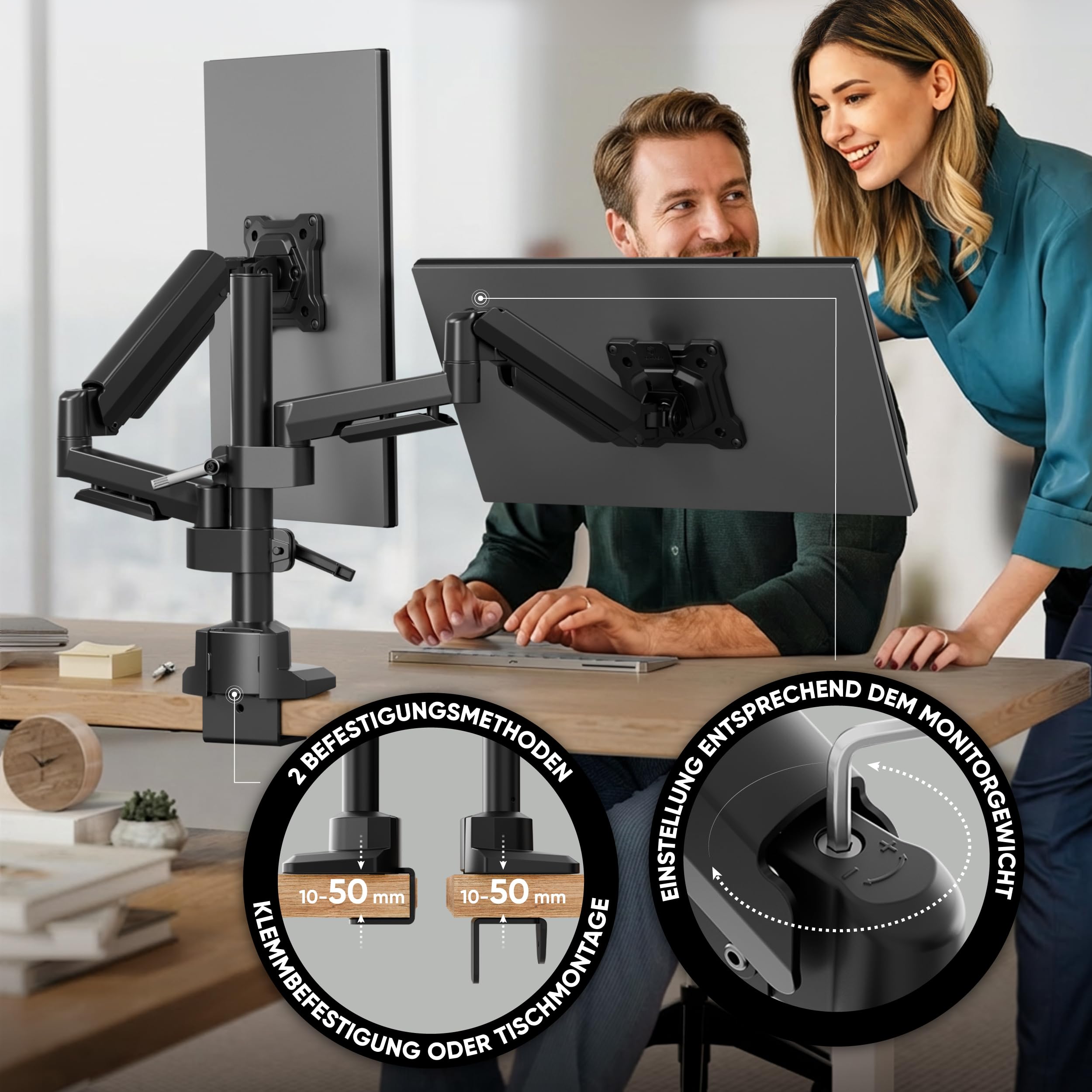 ONKRON Monitor Halterung 2 Monitore für 17-42 Zoll Bildschirme bis 15 kg pro Arm, dual Monitor Arm mit Gasdruckfeder, Monitorhalterung VESA 75x75-100x100, Tischhalterung verstellbar Schwarz G140-B