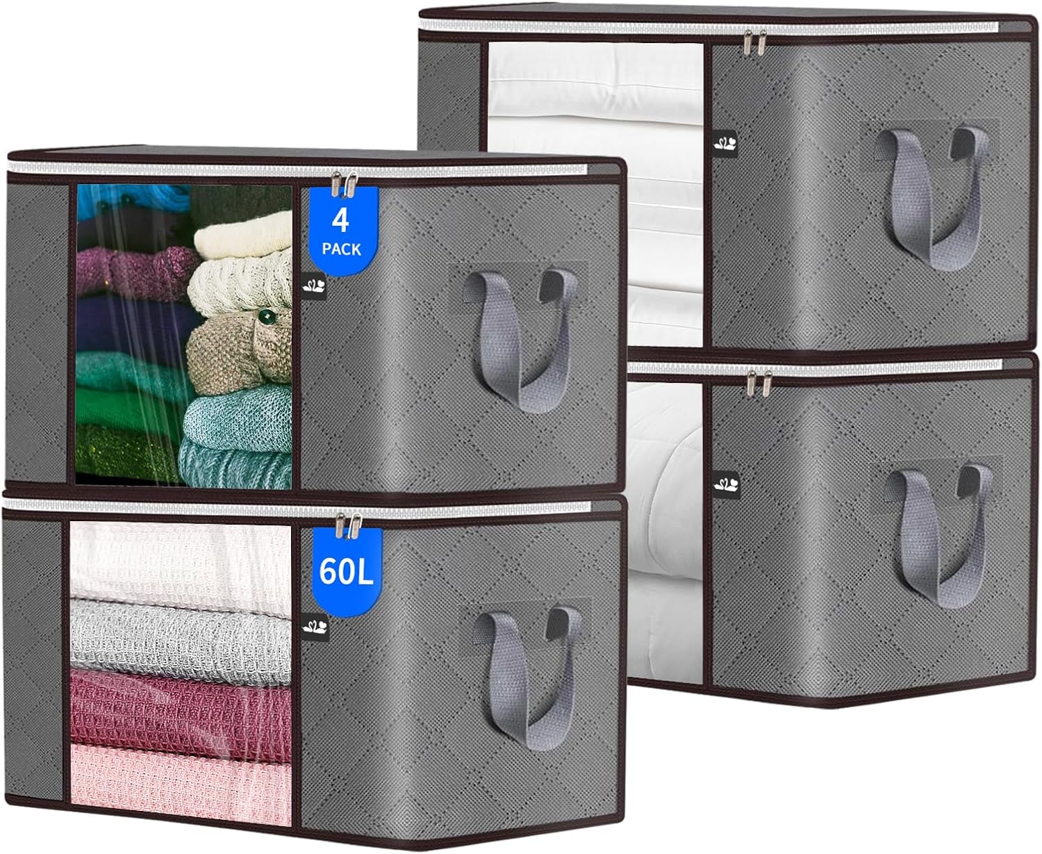 60L Storage Bag, 4 Pack Foldable Blanket Storage Bins