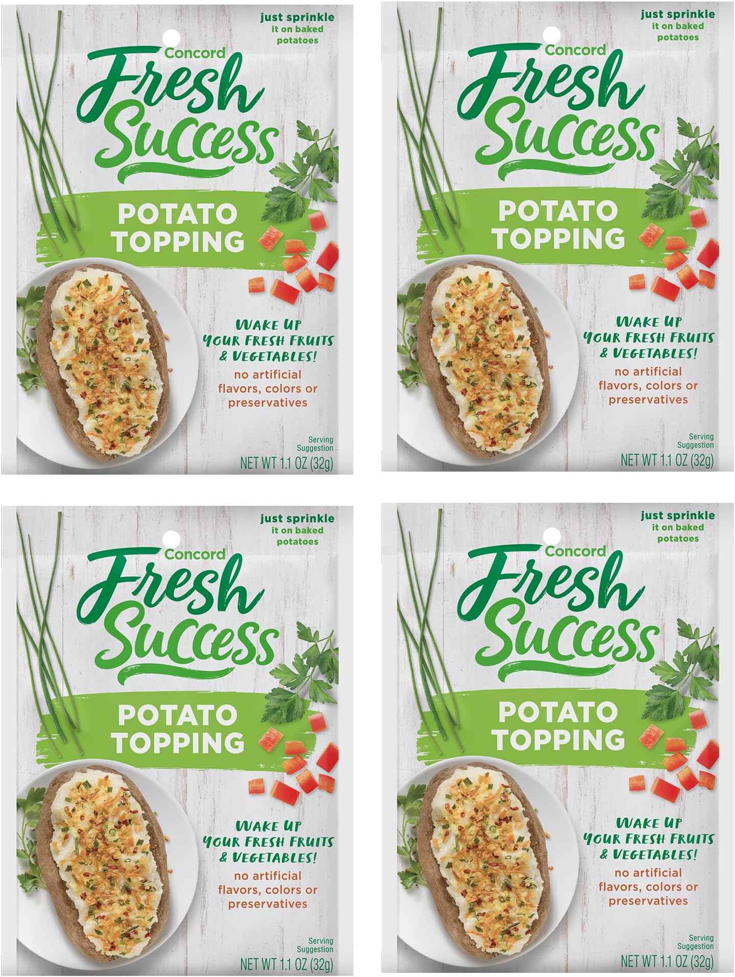 Concord Foods Potato Topping Seasoning, 1.1 oz (Pack of 4) | Savory Herb & Vegetable Flake Blend for Baked Potatoes, Rice, Salads & Veggies with Onion, Red Bell Pepper & Chives