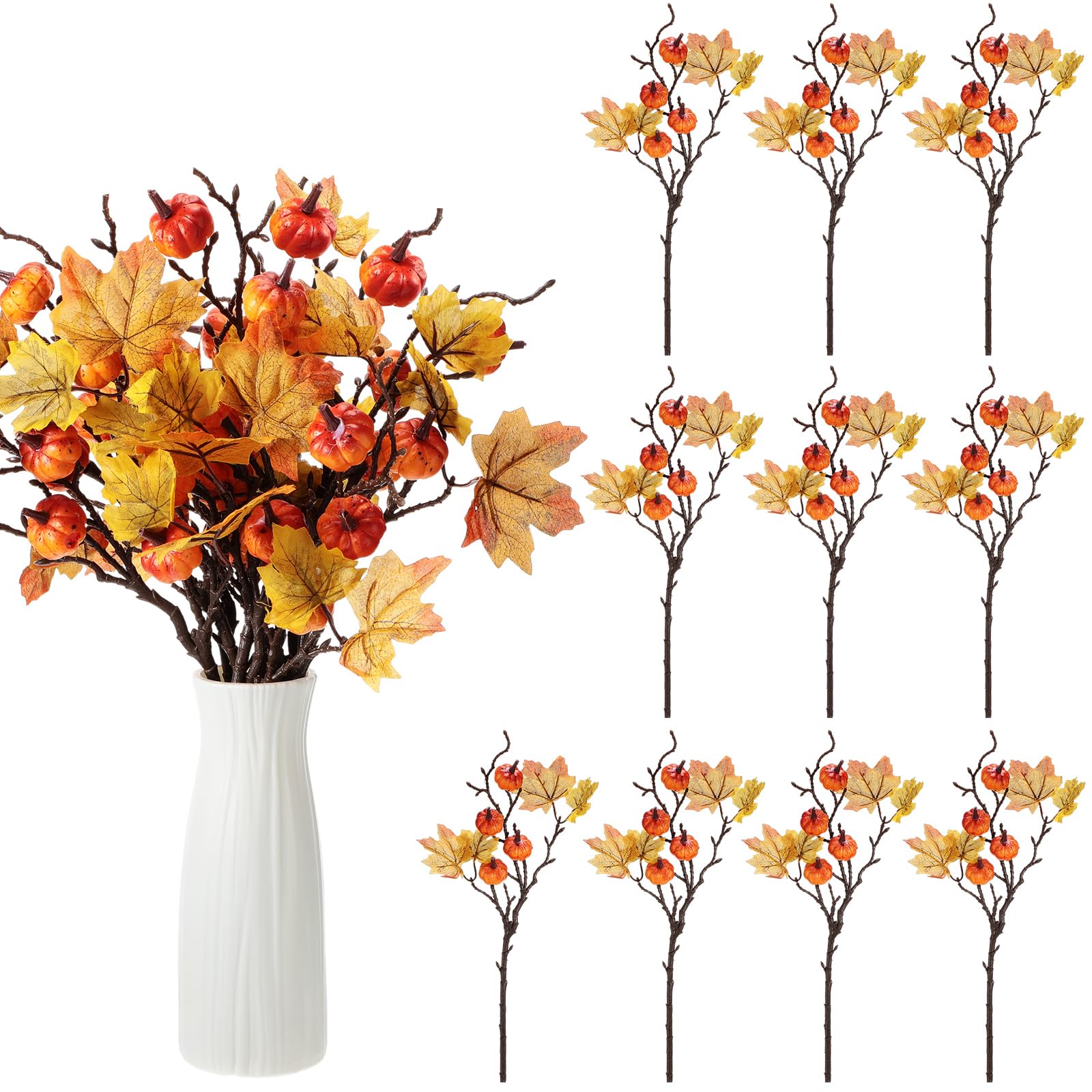 Crowye 10 Pcs Pumpkin Picks Artificial Berry Stem Fall Picks 15.8" Thanksgiving Branches Picks for Thanksgiving Day Autumn Office Decoration