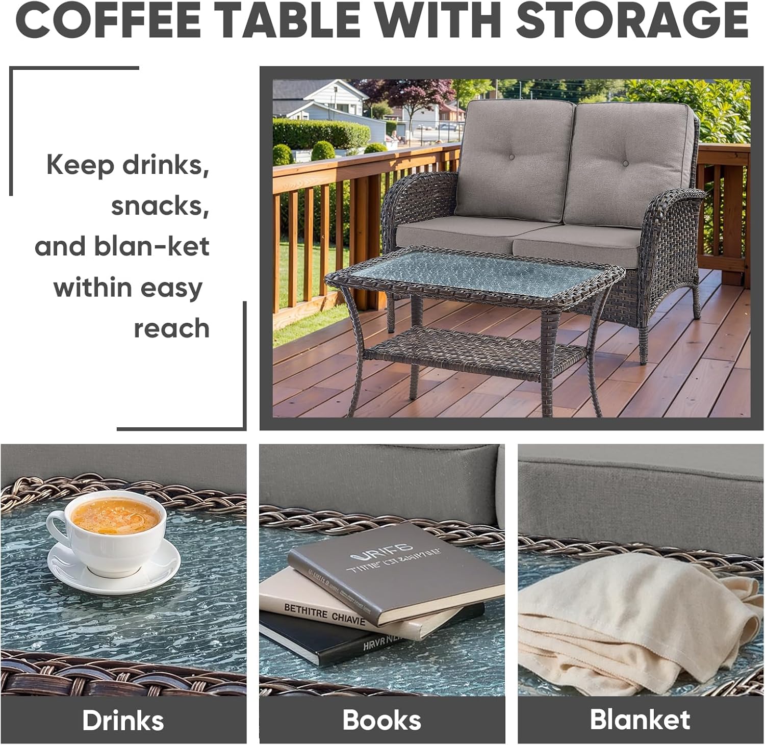 HUMMUH Outdoor Loveseat Sofa 2-Seat PE Wicker Outdoor Couch with Coffee Table,Deep Seat High Back Outdoor Patio Furniture for Patio,Garden,Porch,Deck(Grey)