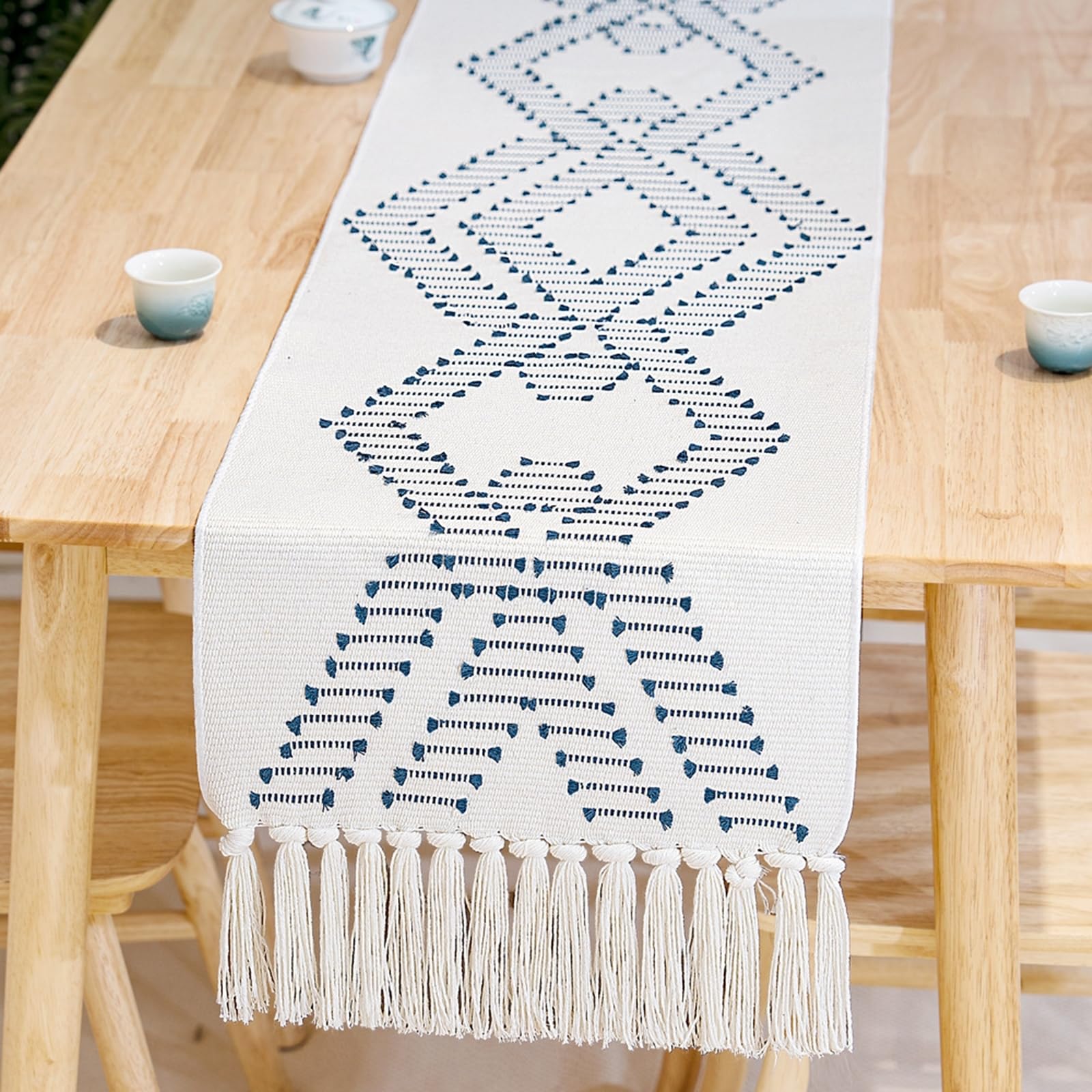 Tischläufer Hochzeit Polybaumwolle, Tischläufer Landhausstil 35x210 cm, Rautenmuster mit Quasten Gewebt