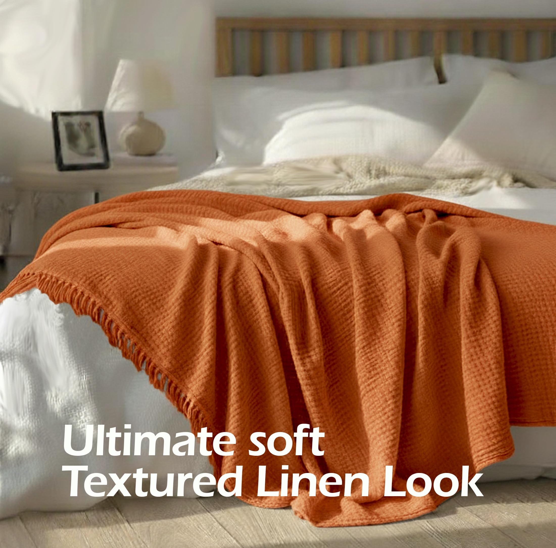 KyraHome Manta de algodón 100% orgánico de 60 x 80 Pulgadas para sofá, Adulto, prelavada, teñida con Plantas, Transpirable, Ligera y Suave, para Todas Las Estaciones (Terracota)