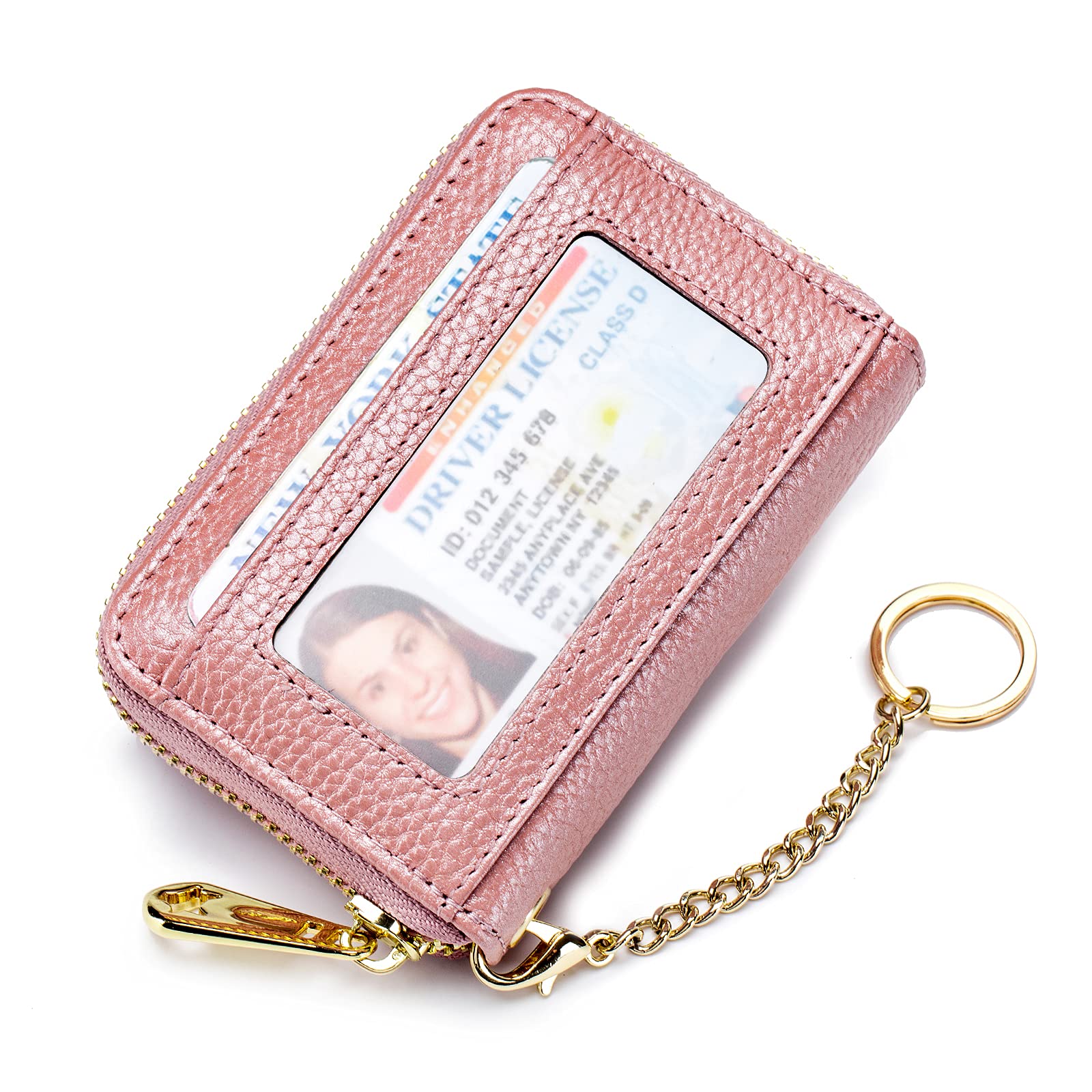 imeetu RFID Credit Card Holder Wallet with Keychain ID Window Small Leather Zipper Card Case for Women Horizontal
