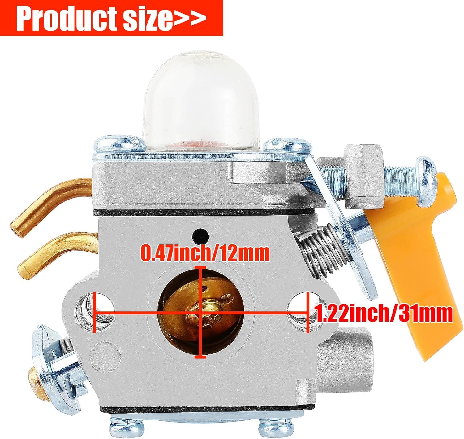 Carburetor dimensions showing 0.47 inch / 12mm outlet diameter and 1.22 inch / 31mm height