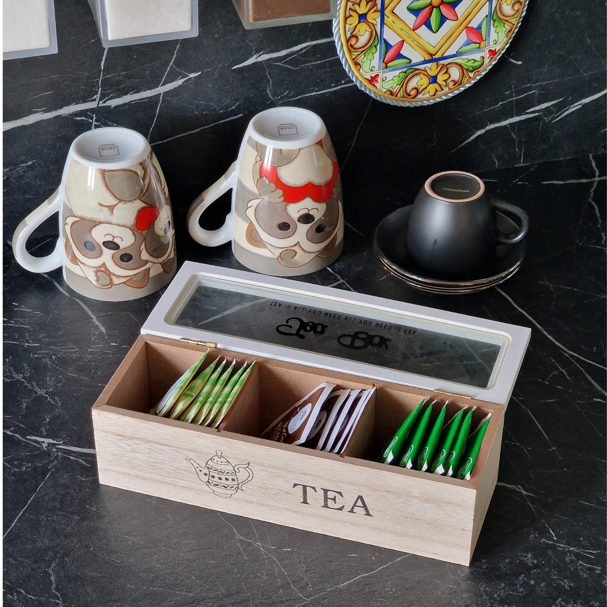Caja portar infusiones de madera, 3 Tea Box, bolsitas blancas 24 x 8 x 7 cm