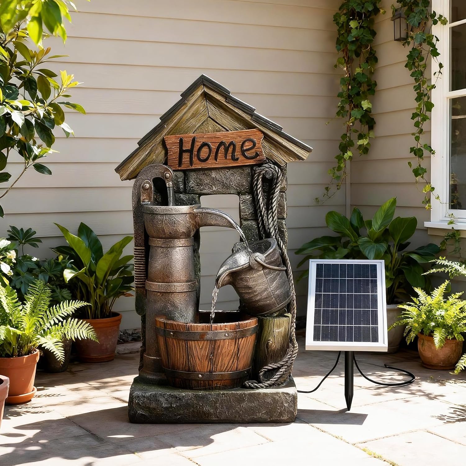 Solar Outdoor Water Fountain with Pump and Water Well 28.7 Inch High Rustic Barrel Cascading Waterfall Fountain, 3-Tier Garden Water Feature for Patio, Backyard, Yard & Outdoor Decor