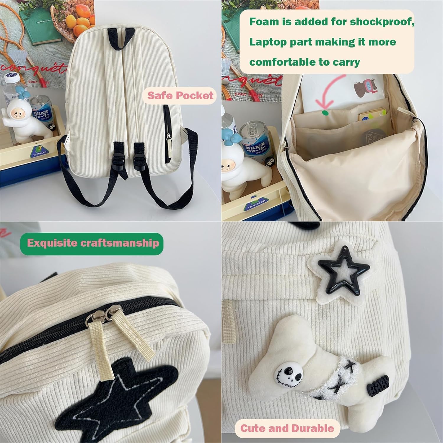 Cute Backpack, Double Shoulder Bag, Laptop Backpack for 15.6” with Large Capacity Adjustable Straps (Black) - Image 4