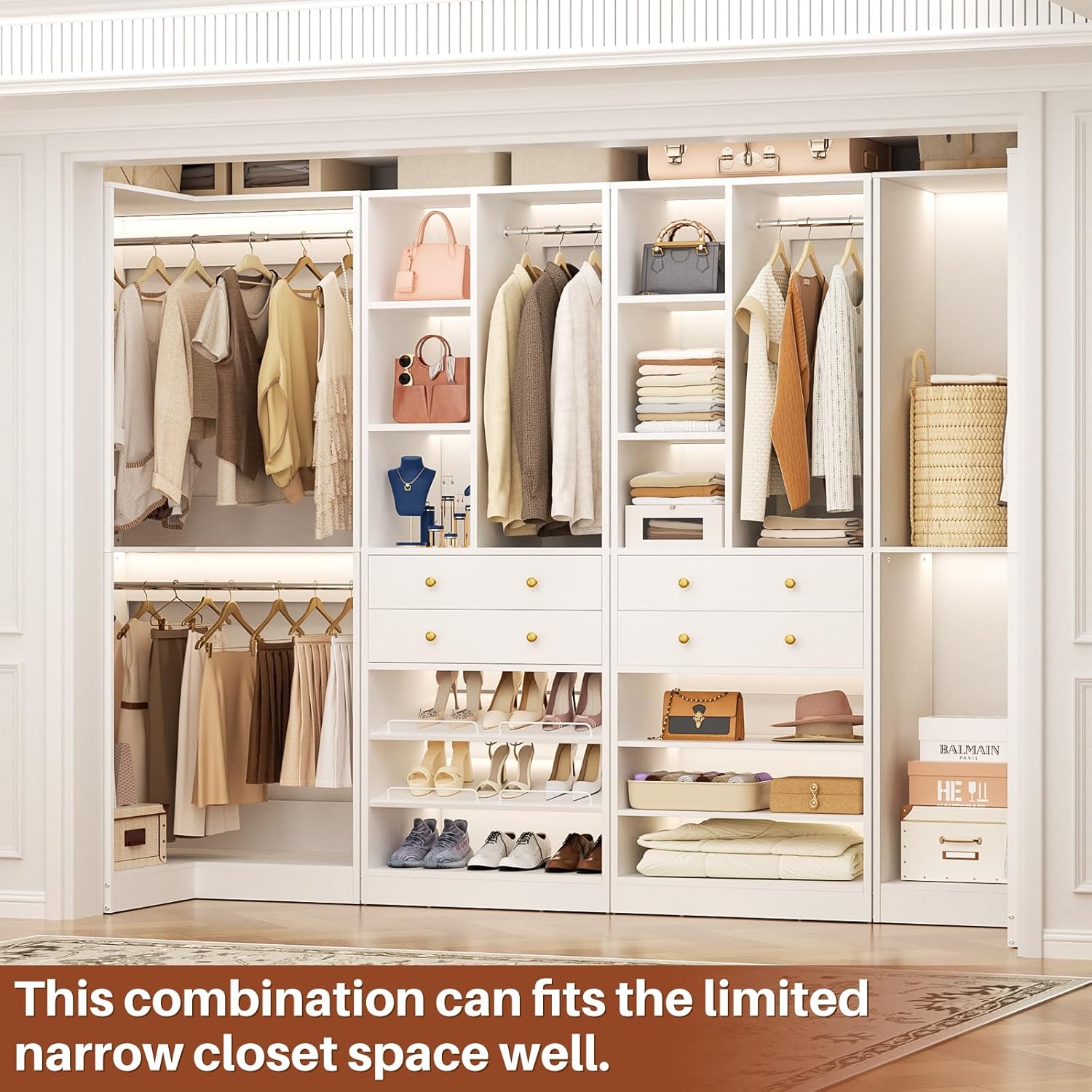 Closet System with 4 Drawers & Corner Tower, Closet Organizer System with 4 Hanging Robs, Reversible U Shaped Walk-in Closet System, Load 2600+LBS Capacity, Set of 4, White