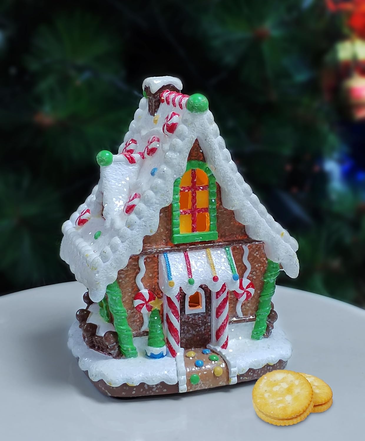 MOMENTS IN TIME Lighted Gingerbread House Ornament LED Christmas Tabletop Centerpiece 6.22” Handcrafted Polyresin Holiday Home Battery Operated Gift Ready Décor