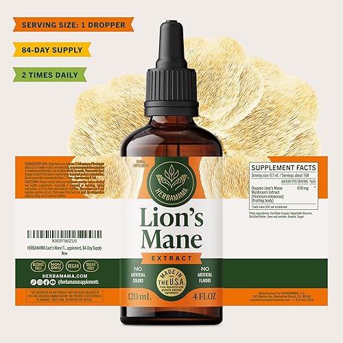 Miniatura 7 de HERBAMAMA Lions Mane Tincture - Extracto líquido de suplemento de hongos de melena de león para función cognitiva, memoria, enfoque y claridad,