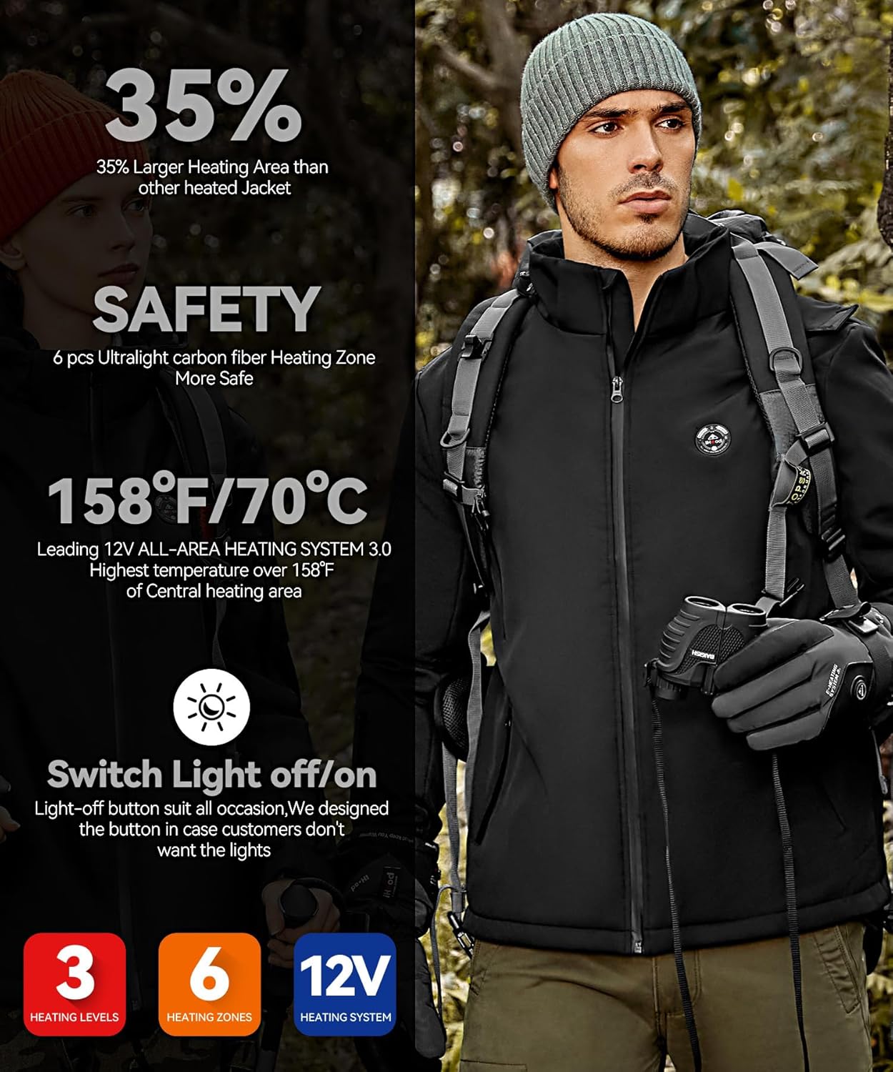 Men's Heated Jacket with Detachable Hood, Waterproof Winter Outdoor Coat Electric Insulated jackets with Battery Pack - Image 2