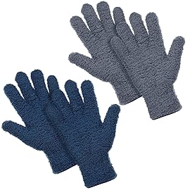 Patelai 2 Pairs Microfiber Gloves for plants Dusting Cleaning Glove Mittens House Cars Blinds Dusting(Gray, Dark Blue, Large)