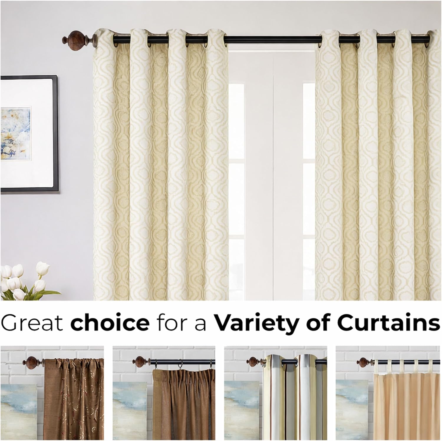 DECO WINDOW Curtain Rods for Windows 44-120 Inch, 1 Inch Heavy Duty Extendable Metal Drapery Rod, Adjustable Curtain Rod with Decorative Wood Trophy Finials for Living Room Bedroom, Brown Matt