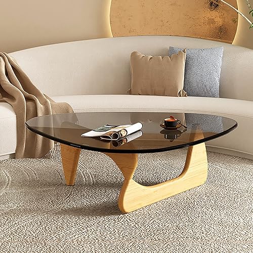 HM&DX Triangle Coffee Table Thickened Glass Top,Mid-Century Modern Table,Glass End Table,Solid Wood Base,Coffee Tables for Living Room Home Office(36 * 25.5 16 inch, Gray-Natural)