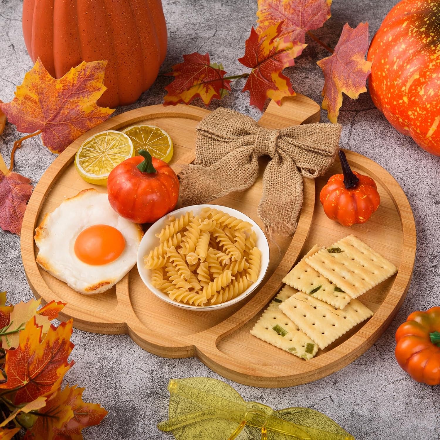 AWIZOM 2 Pcs Thanksgiving Bamboo Serving Platters with Grooves Wooden Pumpkin Trays Wood Cheese Charcuterie Boards Wooden Snack Dish Plate for Halloween Fall Autumn Harvest Supplies,12.6x11.42x0.59