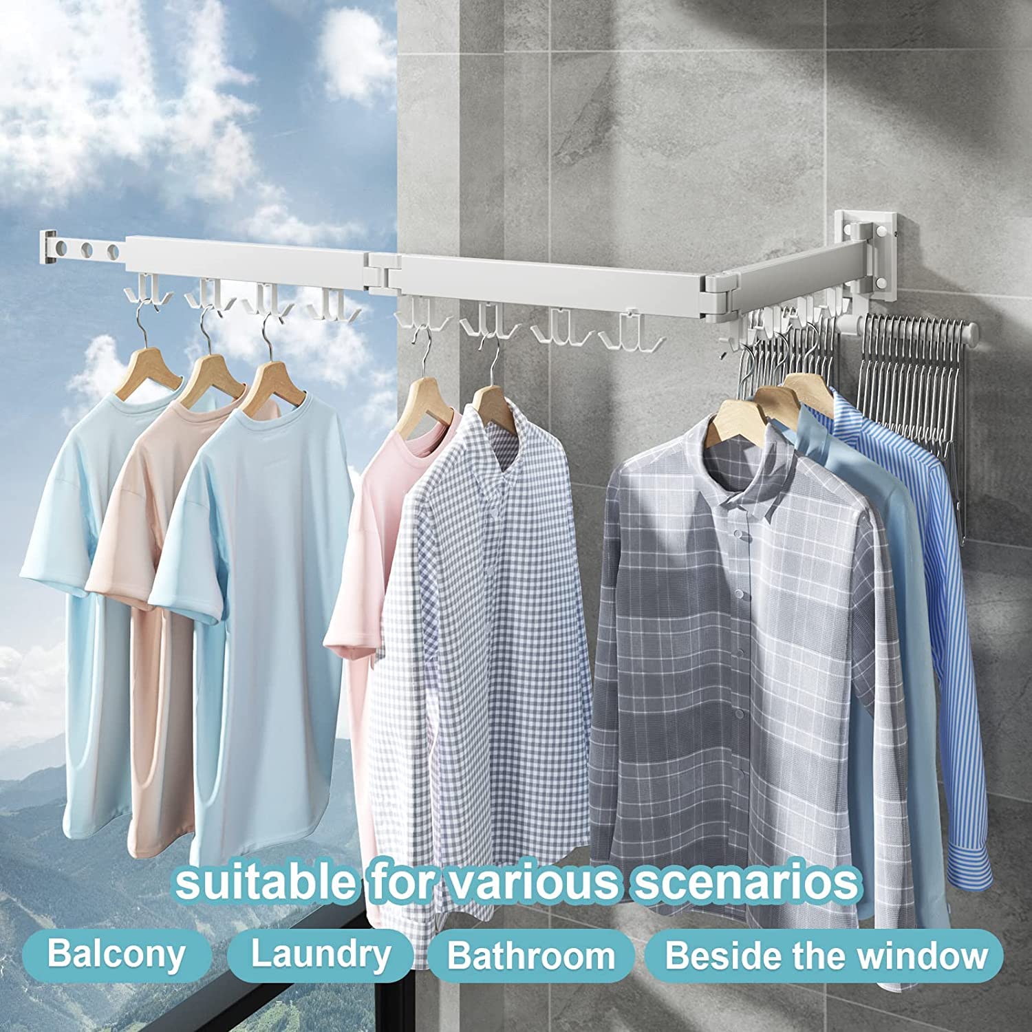 Honeyhouse Étendoir Mural, 3 Étages Cintre Mural Support de Séchage 120cm avec Pinces à Chaussettes & Bandes cintres, Porte-vêtements Pliable Mural pour Balcon, Linge, Armoire, Cuisine DJ01167 Blanc