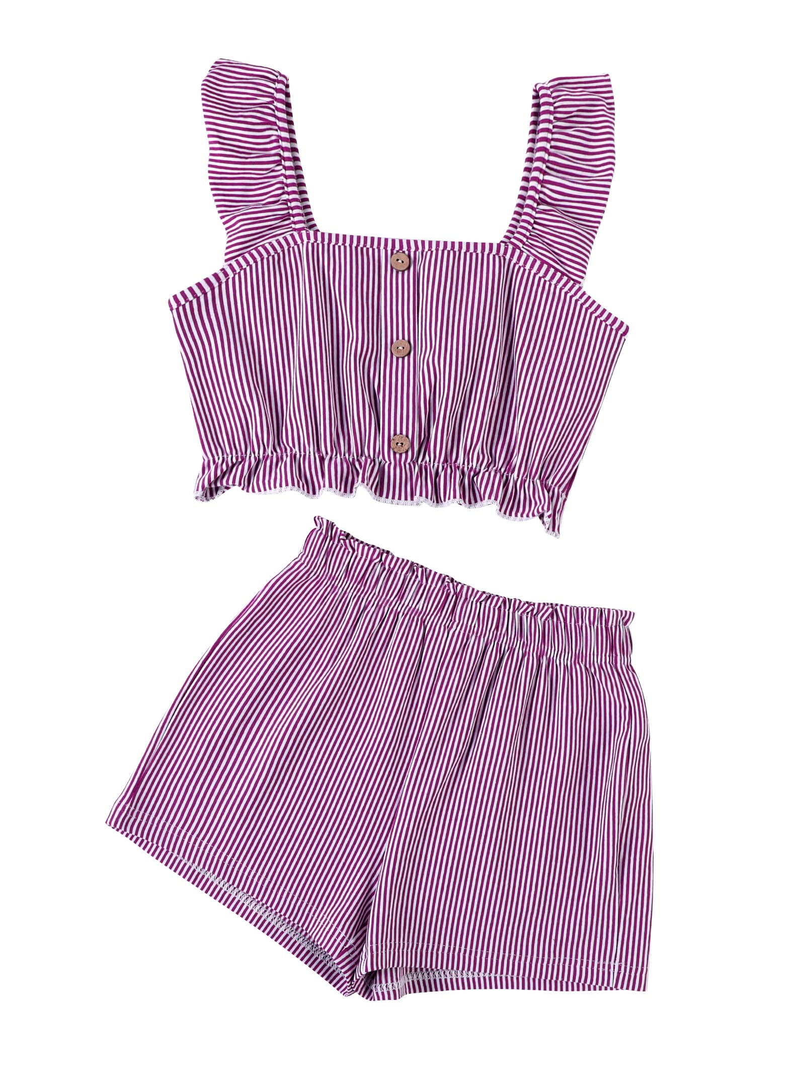 Girls 2 Piece Summer Outfits Ruffle Strap Striped Crop Top and Short Sets Purple 7-8 Years