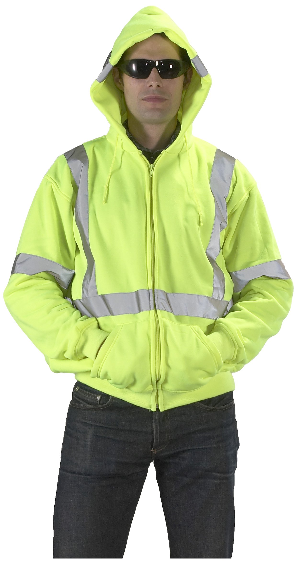 Mutual Industries 16382-0-8 High Visibility ANSI Class 3 Lime Fleece Hoodie with Reflective Stripes and Zipper, XXXXX-Large