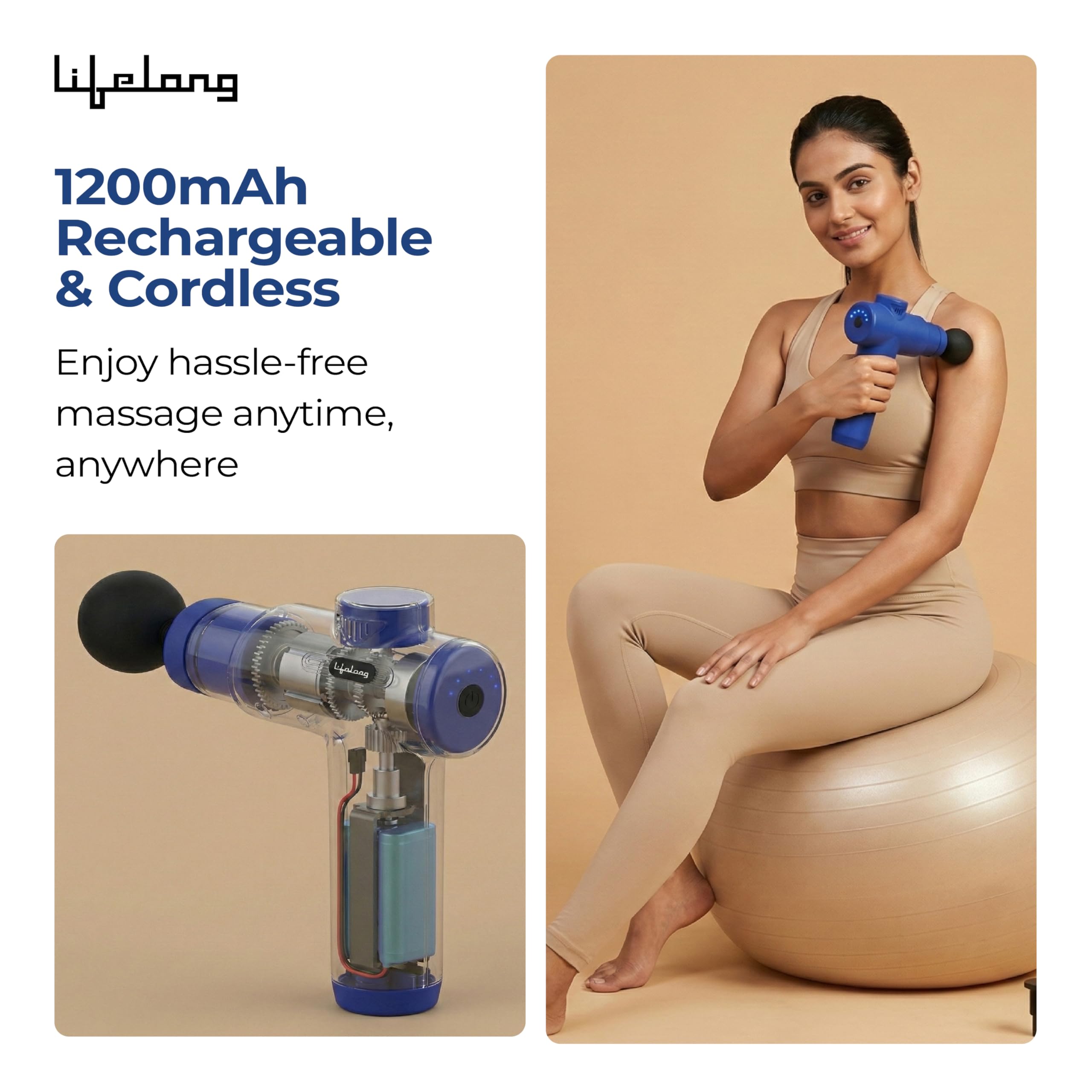 Lifelong Percussion Massage Gun | Full Body Massager for Pain Relief | Rechargeable Cordless Deep Tissue Massage Machine | 7 Specialised Heads for Use at Gym, Home & During Travel Product Image 2