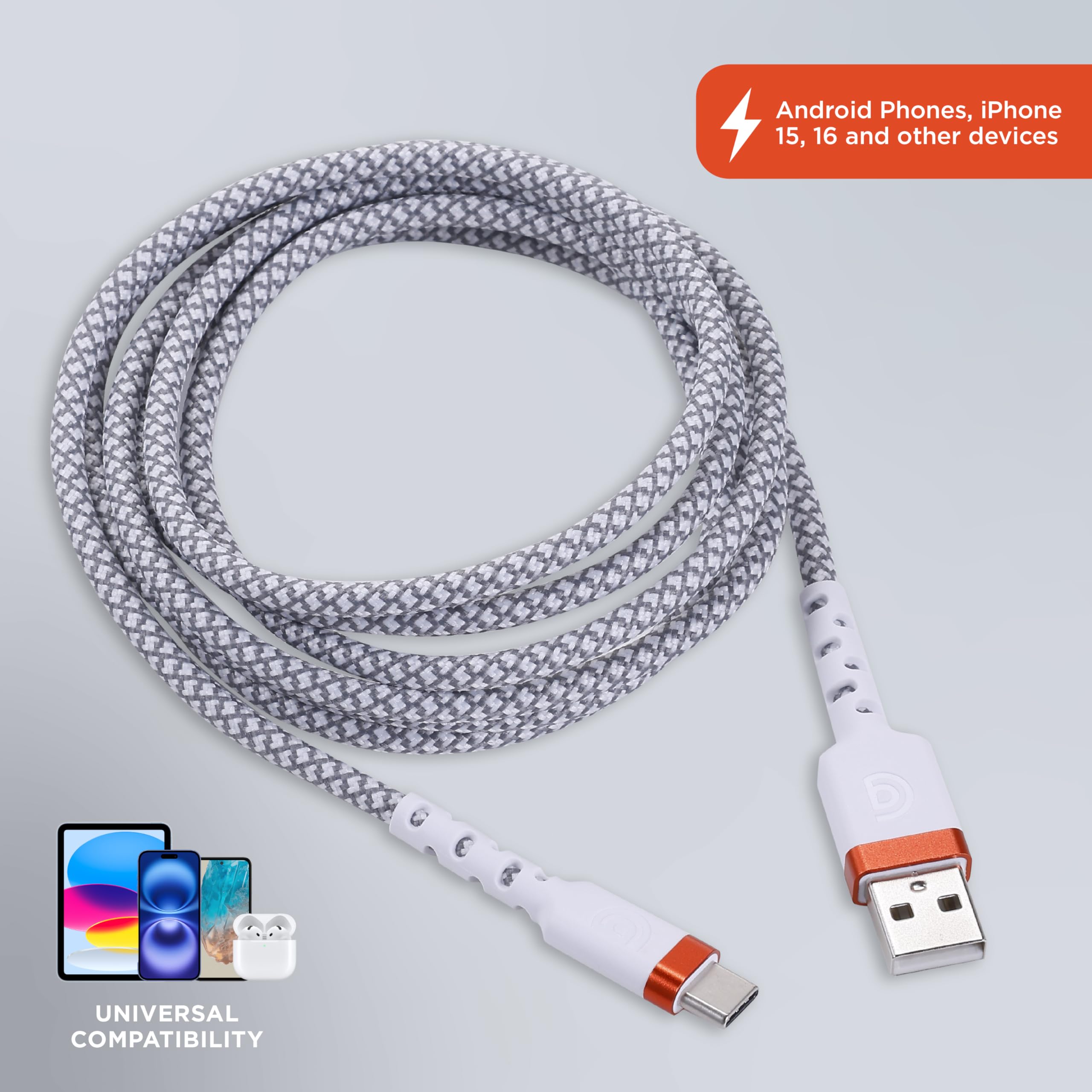 Griffin Cavo da USB-C a USB-A, cavo di ricarica rapida con treccia a 48 mandrini, teste in alluminio, durata di 30.000 piegature, cavo di ricarica rapida durevole