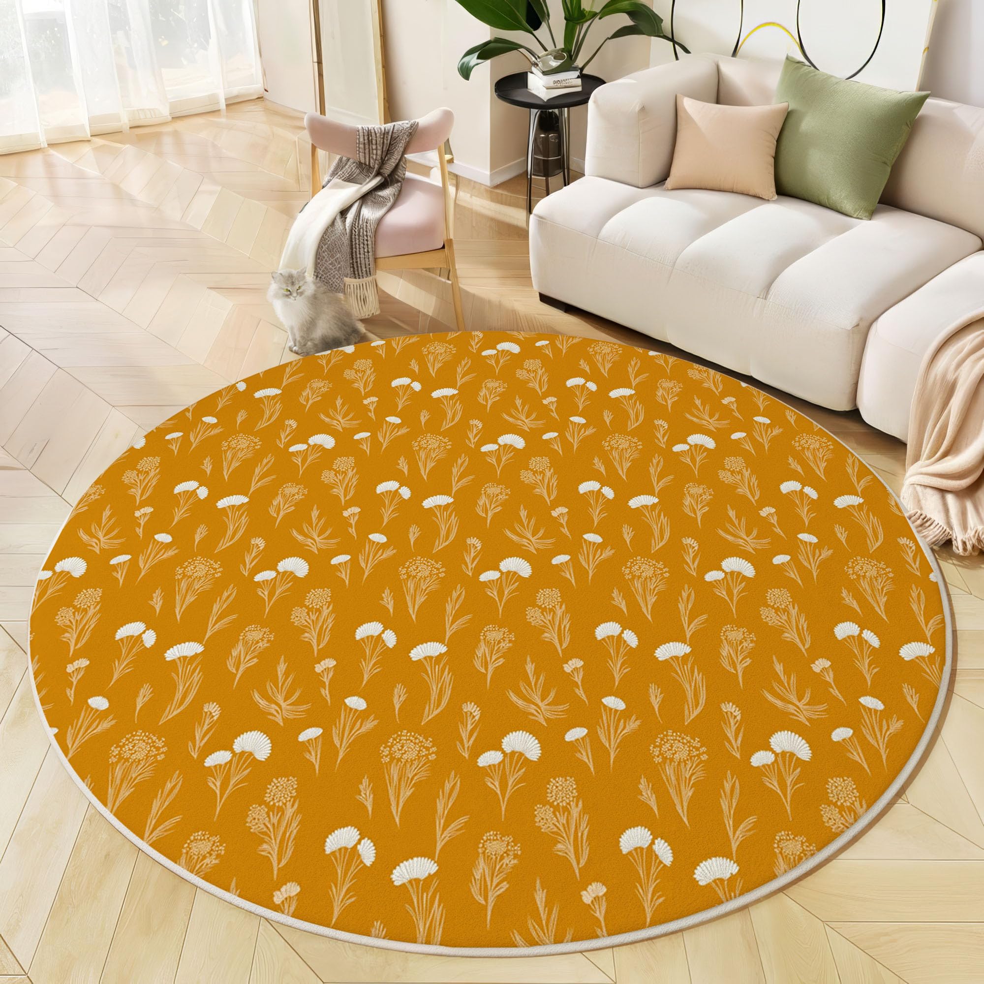 Teppich Rund 120cm Ländlicher, Natürlicher Stil rutschfest Teppiche Wildblumen Waschbar Wohnzimmerteppich Kurzflor Weich Runder Teppich Senfgelb for Schlafzimmer Studie Heimbüro