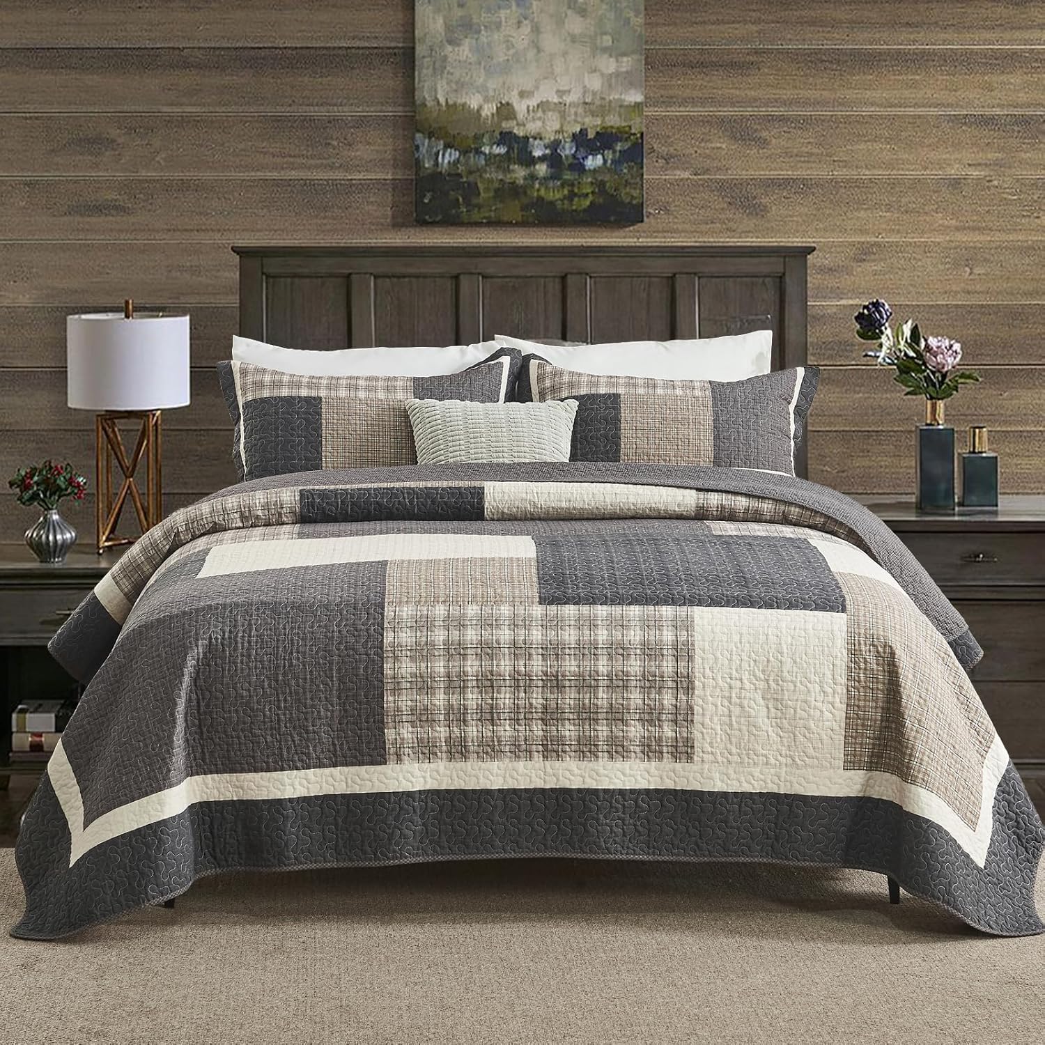 DDUOXIN Farmhouse Plaid King Quilt Set - 100% Cotton Quilts with 2 Pillow Shams, Bedspread Lightweight Thin Comforter Bedding Sets for All Seasons, Beige/Greenish Brown/Gray, King(106" W x 98" L)