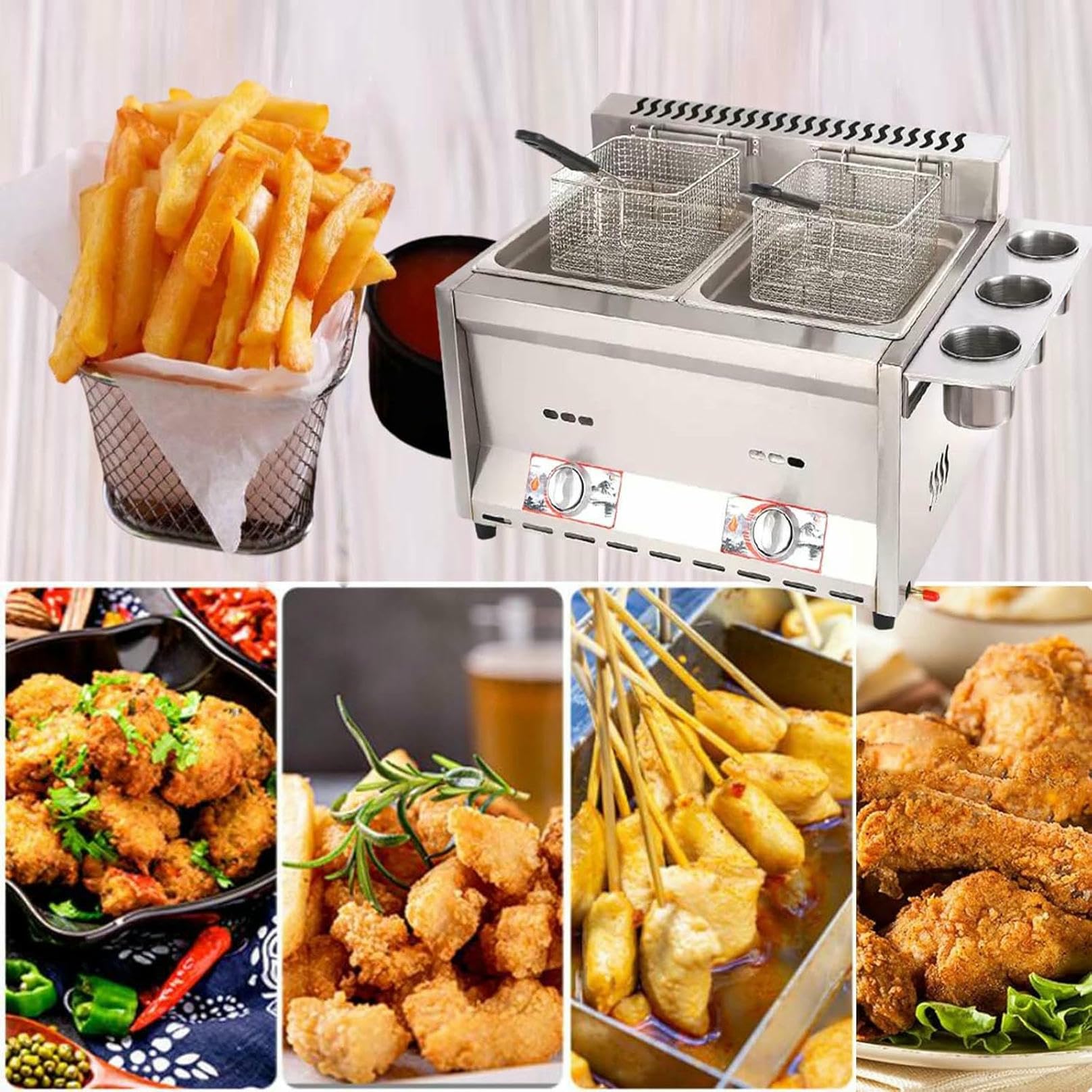 Friggitrice Professionale a Gas in Acciaio Inox con Doppio Serbatoio e Coperchio, capacità 2x10L, per Patatine Fritte, Snack di Carne