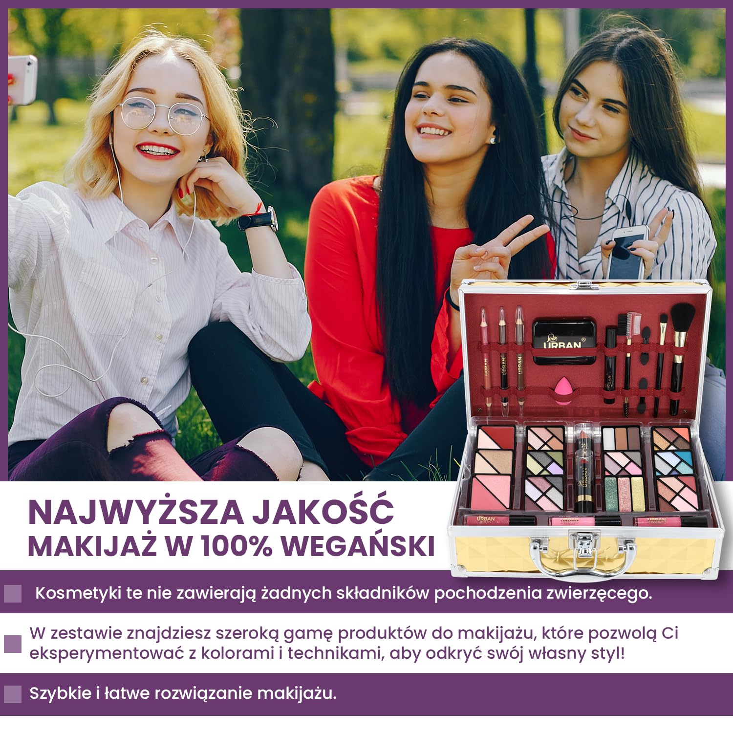 Wegański Makijaż Pudełko na Kosmetyki Love Urban Beauty Luxe Gold Touch Zestaw Upominkowy Podróżny 73 szt