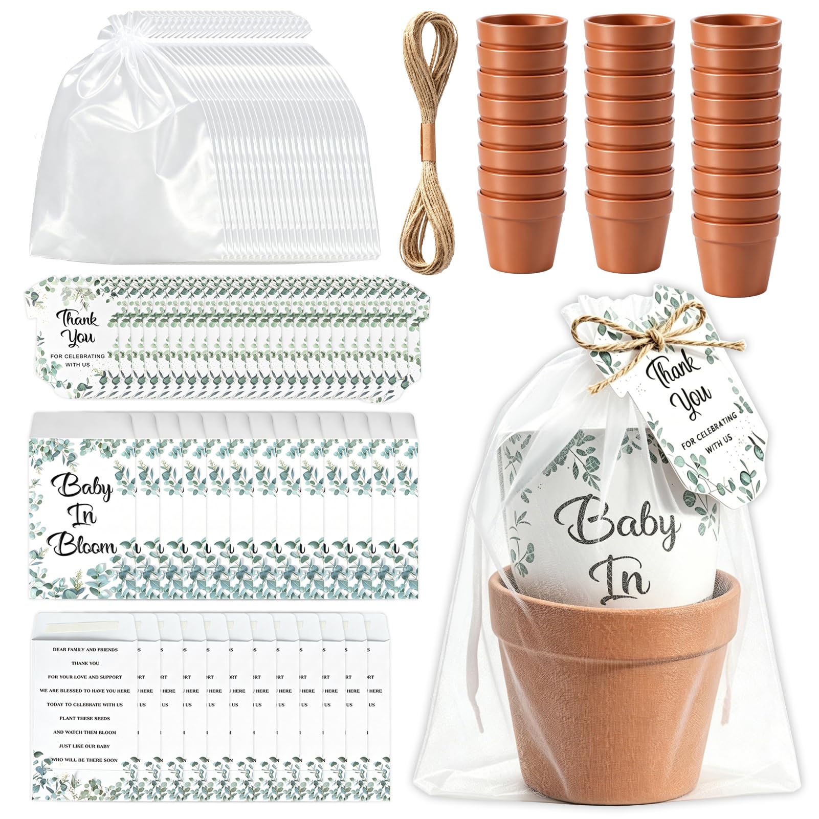 25 Sets Baby in Bloom Baby Shower Party Favors Eucalyptus Greenery Seed Packets with Mini Flower Pots, Self Adhesive Envelopes, Thank You Cards, Organza Bags for Gender Reveal Party Gifts(No Seeds)