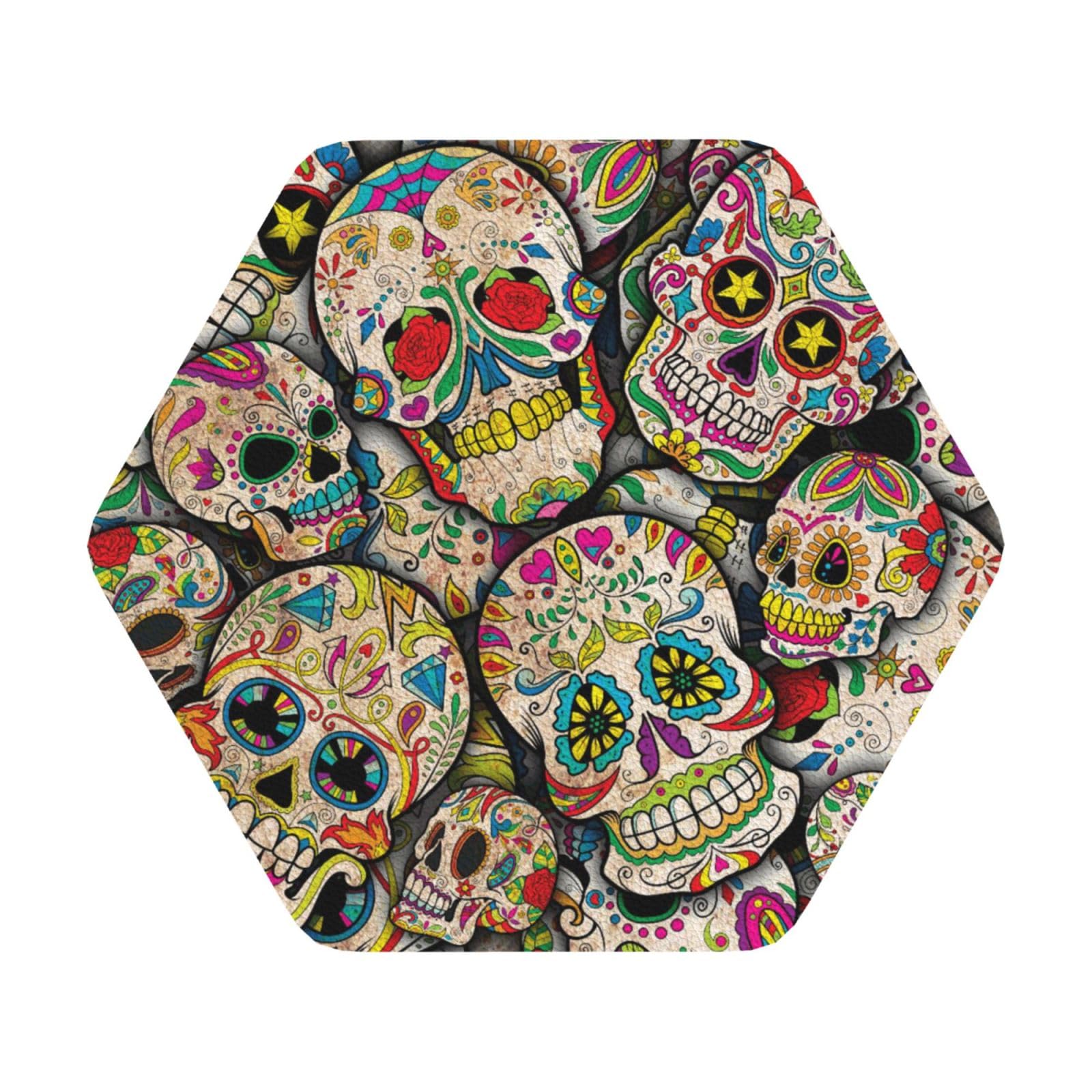 skull PU Leather Coasters Set of 6 Hexagon Drink Coasters