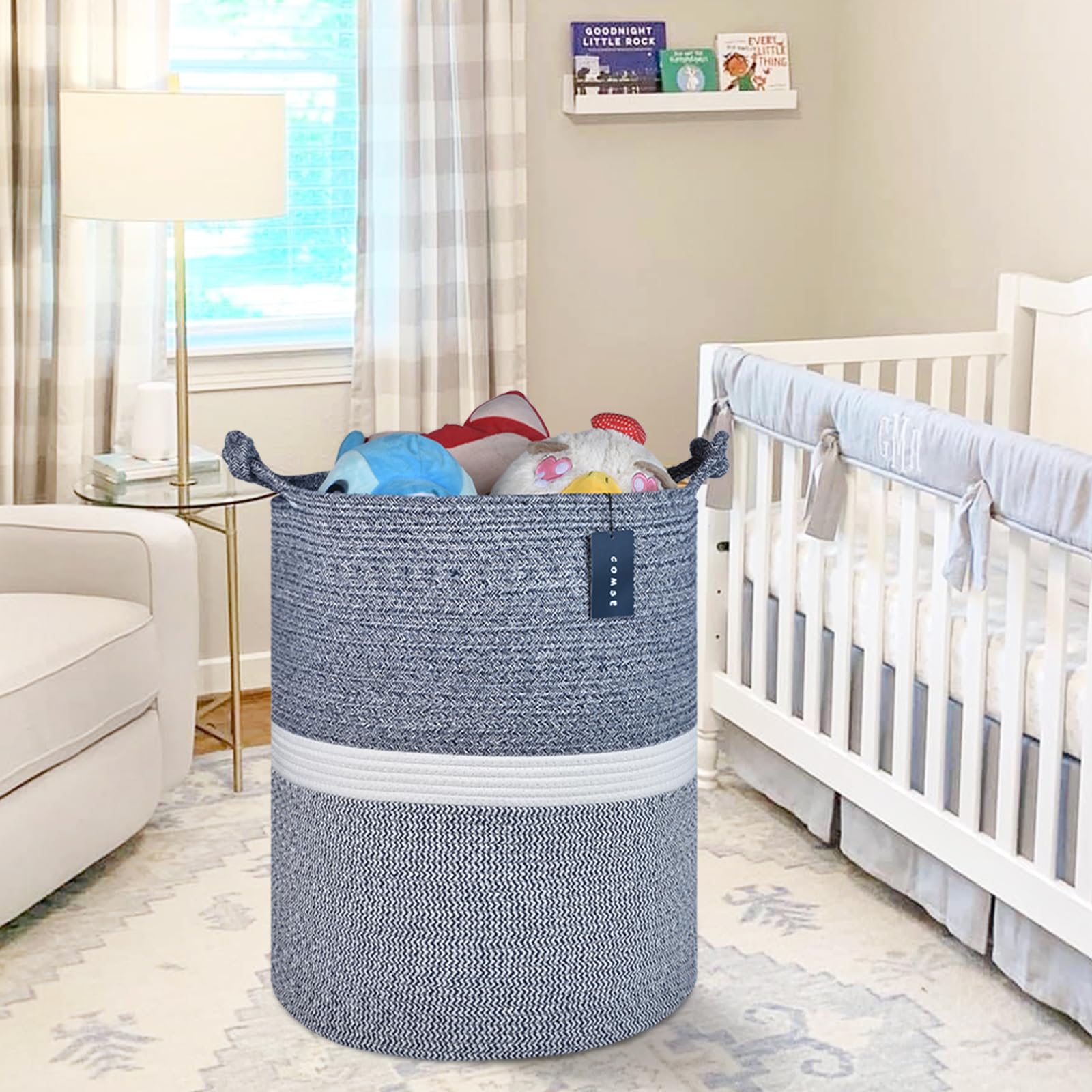 COMSE Panier à linge extra large en corde de coton tissée pour jouets, vêtements, serviettes, 40 x 55 cm, mélange bleu marine/blanc