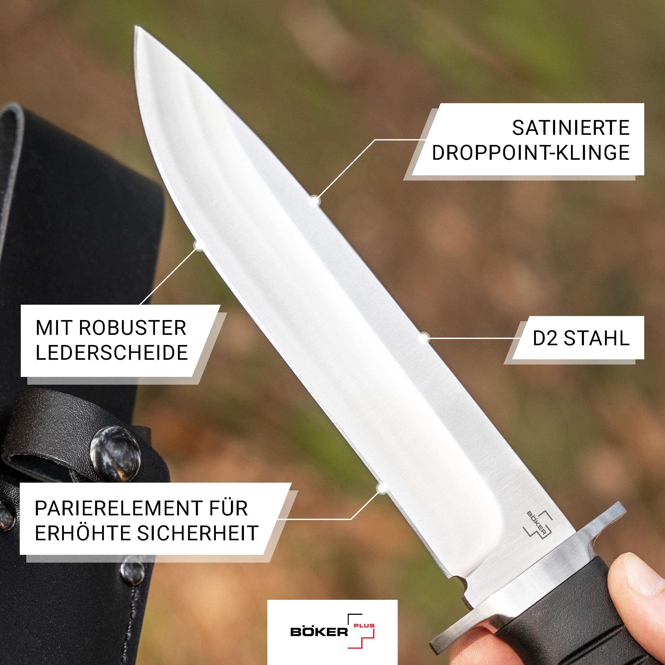 BÖKER PLUS® Sledgedog - großes Pfadfinder Fahrtenmesser - Profi Gürtel-Messer mit Droppoint Klinge - feststehendes Outdoor-Messer mit TPR Griff schwarz - Überlebensmesser mit Leder-Scheide