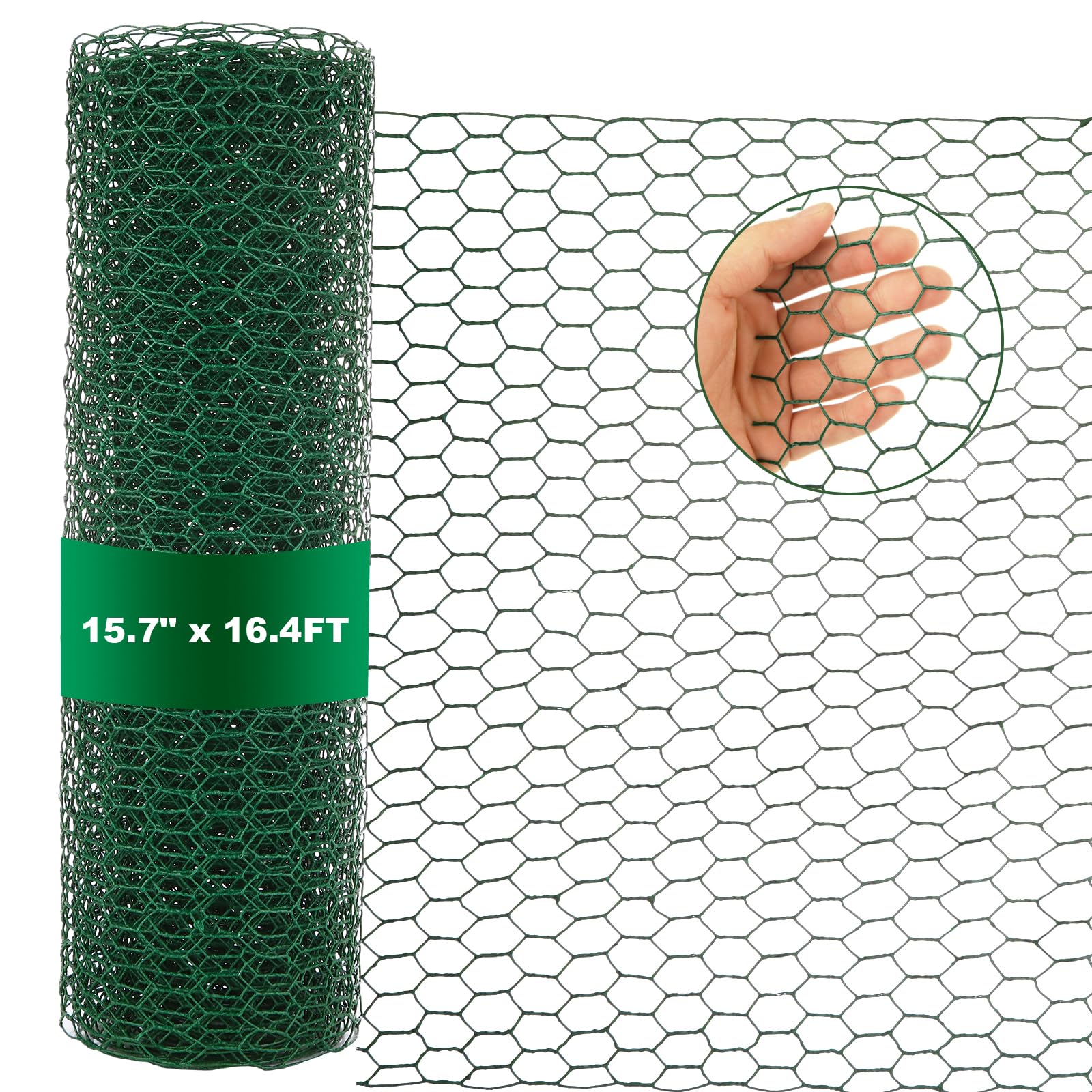 ASelected Chicken Wire for Floral Arrangements 15.7 x 200 Inches Green Mesh, 0.6 Inch Hexagonal Galvanized PVC Coated Netting Fence for Crafts, Poultry, Garden