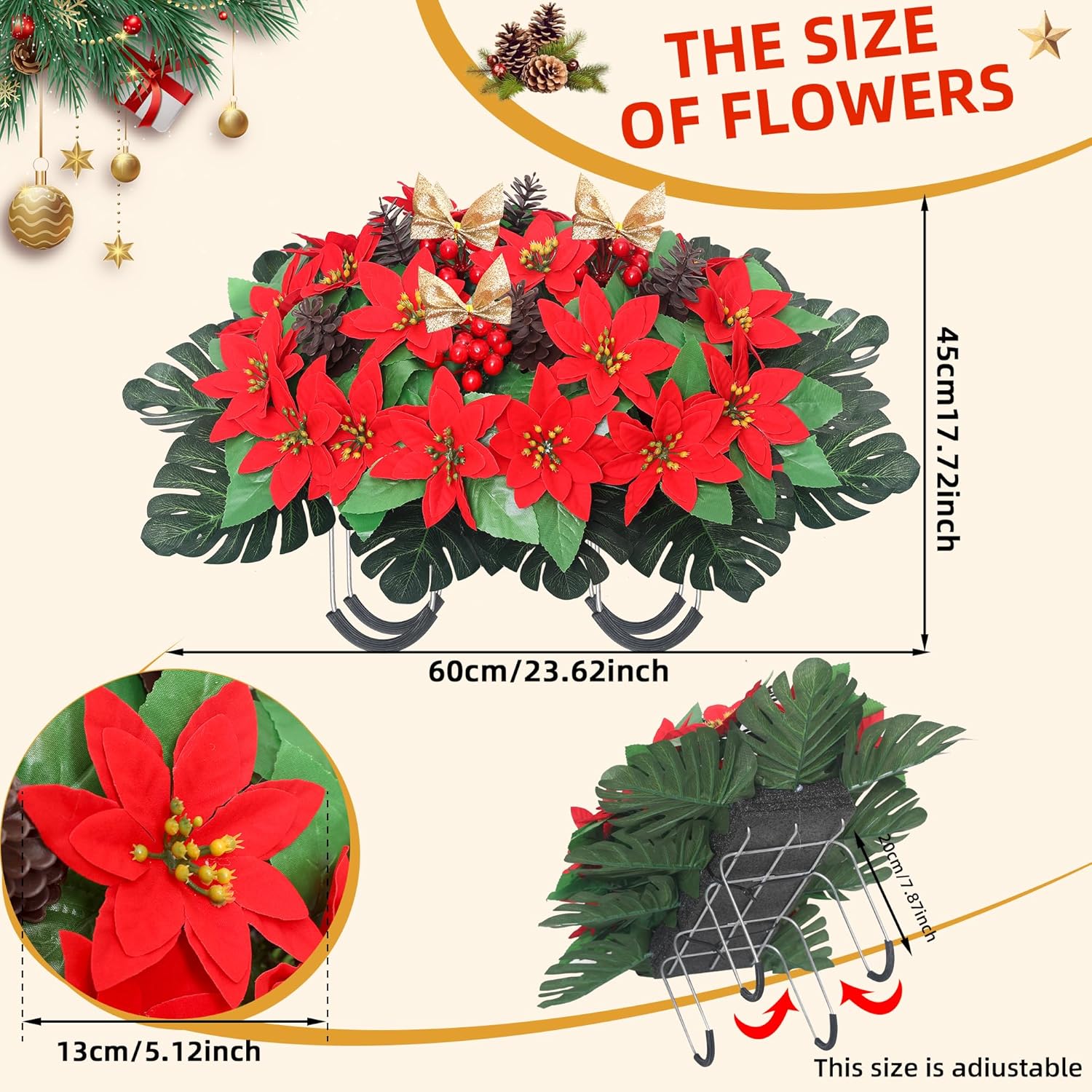 Christmas Headstone Flower Saddle Handcrafted Poinsettias Pine Cones Velvet Bow Cemetery Memorial Flowers for Outdoor Gravesite Tombstone Decorations (Red)