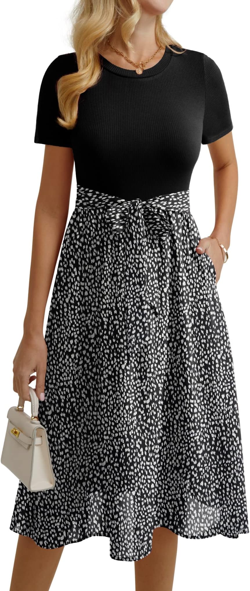 FeiersiWomen Short Sleeve Midi Dress Round Neck Ribbed Business Casual Work Dresses with Pockets