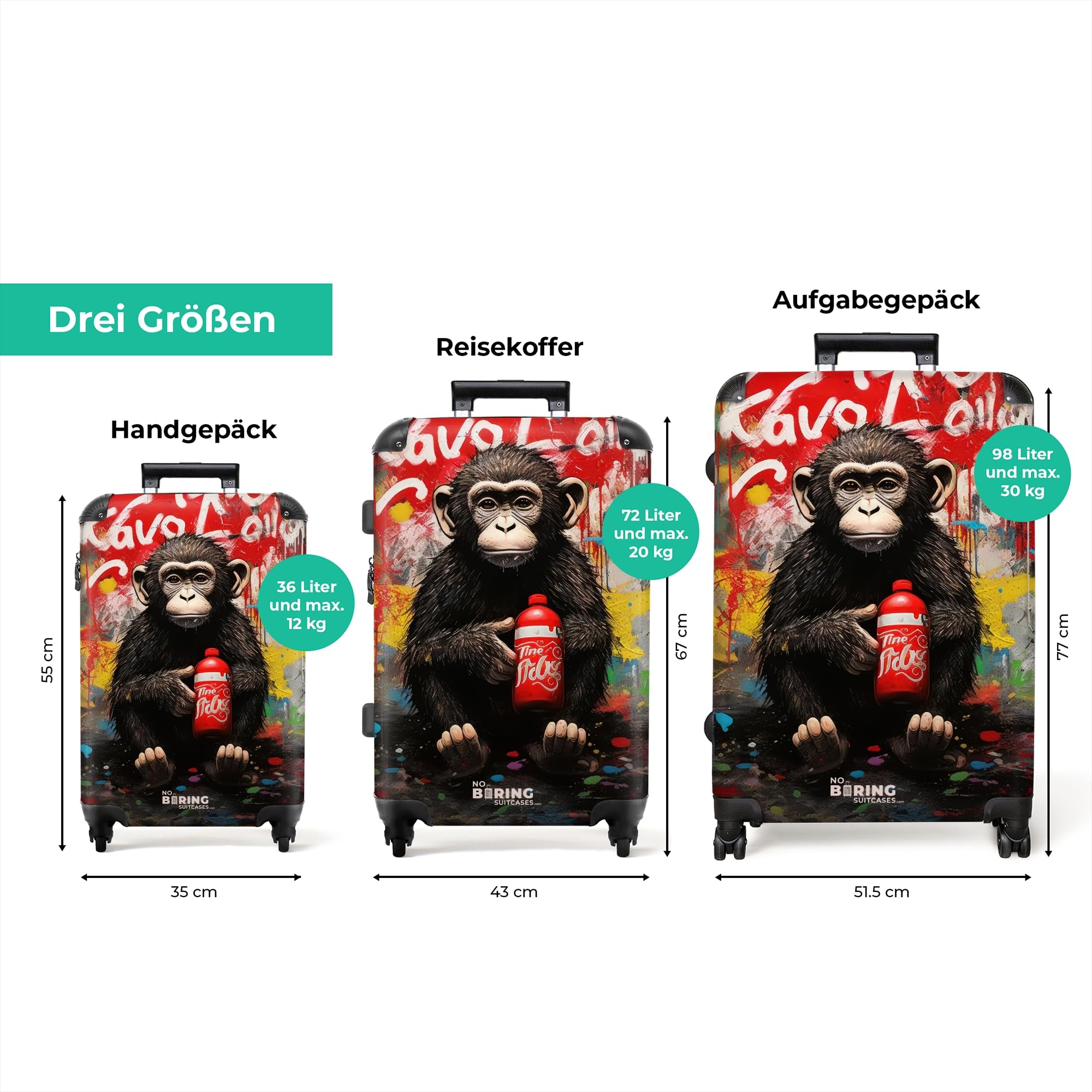 NoBoringSuitcases.com® Koffer XL Groß 77x51.5x28 cm Hartschale Reisekoffer 4 Rollen Leicht Koffer Trolley Hartschalenkoffer Graffiti - AFFE - Cola