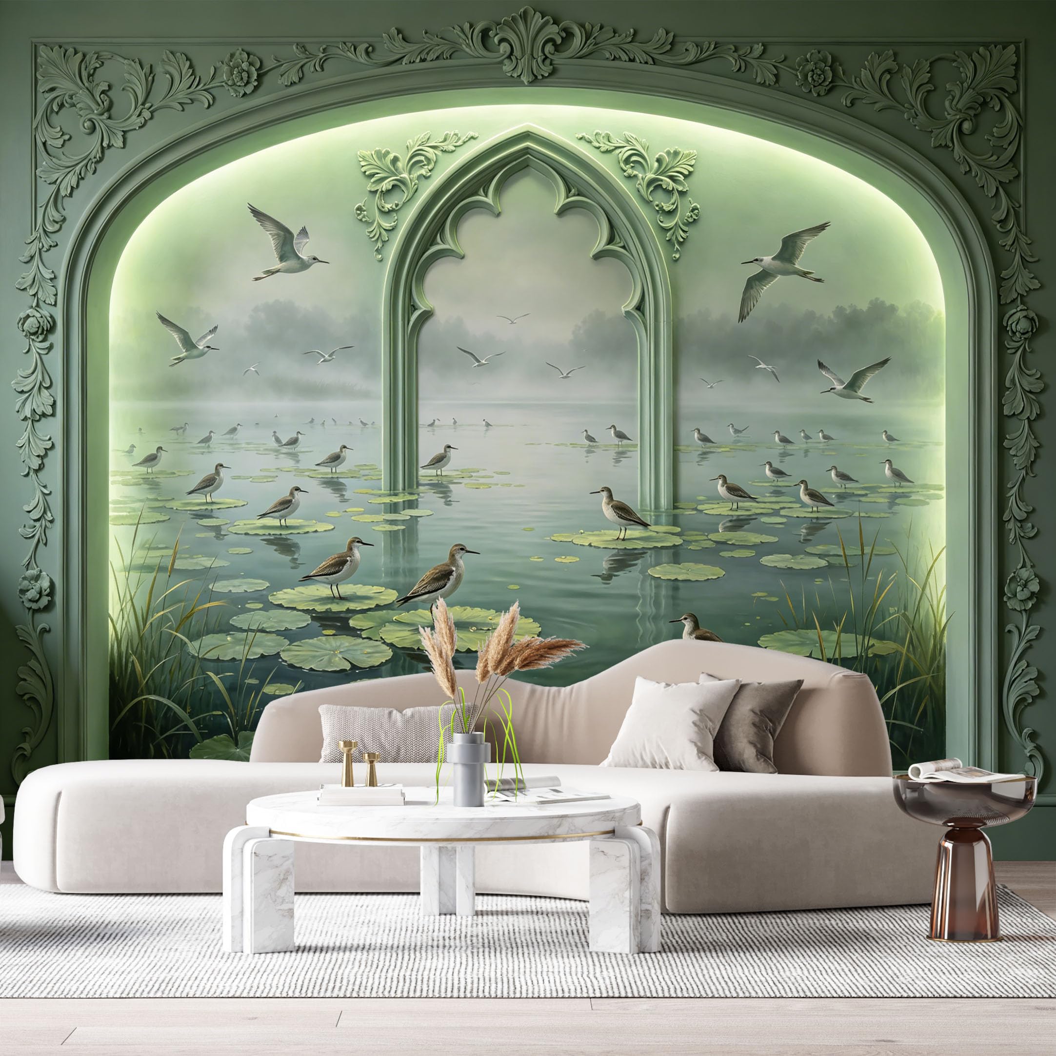 Custom Size Wall Murals Landscape Watercolor Misty Lake Birds 3D Trompe L'Oeil SelfAdhesiveWall Fabric Removable Wallpaper Wall Decor for Living Room Bedroom Bathroom