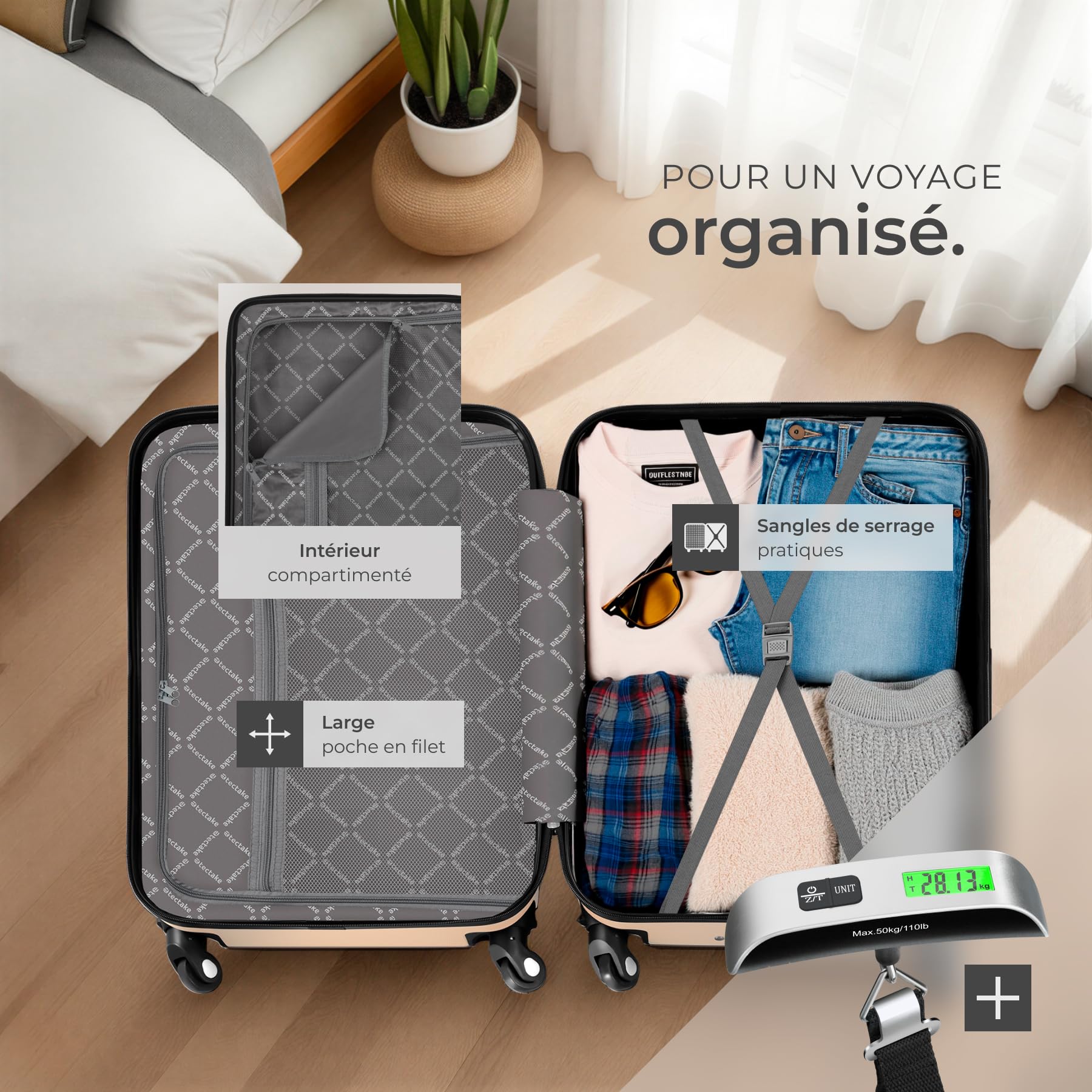 tectake® Set de Valises de Voyage, Coque Rigide en ABS, 3 Tailles M-L-XL + Vanity Case, roulettes Pivotantes à 360°, Serrure TSA, Poignée télescopique, Pèse-Bagage et étiquettes Inclus - Champagne