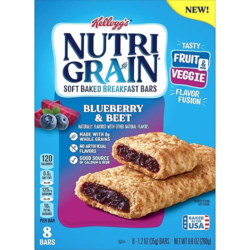 Miniatura 5 de Nutri-Grain Barras de desayuno horneadas suaves de frutas y verduras, hechas con granos enteros, aperitivos para niños, arándanos y remolacha (12