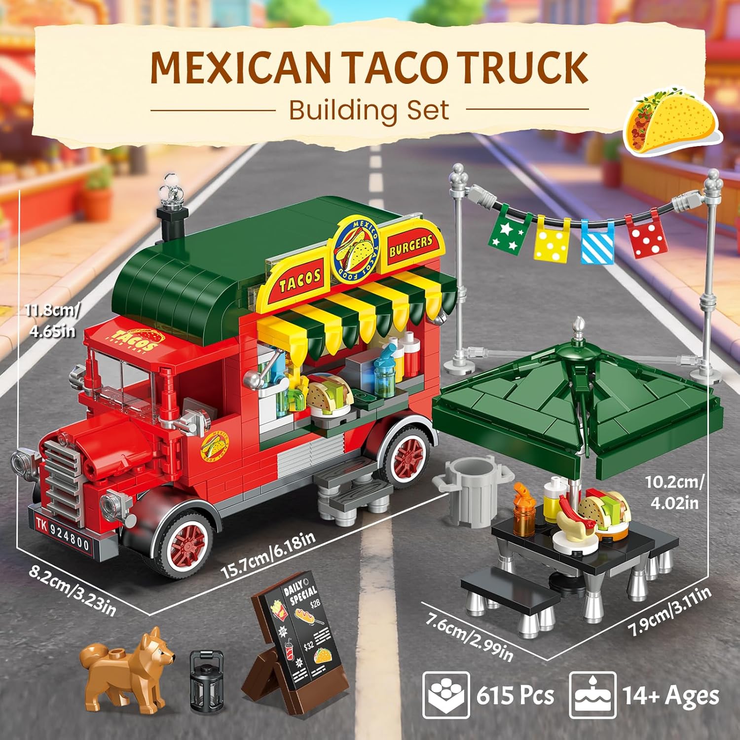 Taco Truck Building Blocks Set, Cityscape Series Building Sets with Separate Dining Table and Puppy, Pretend Play DIY Building Toys, Gifts for Family, Friends on Birthday, Festival (615 Pcs)