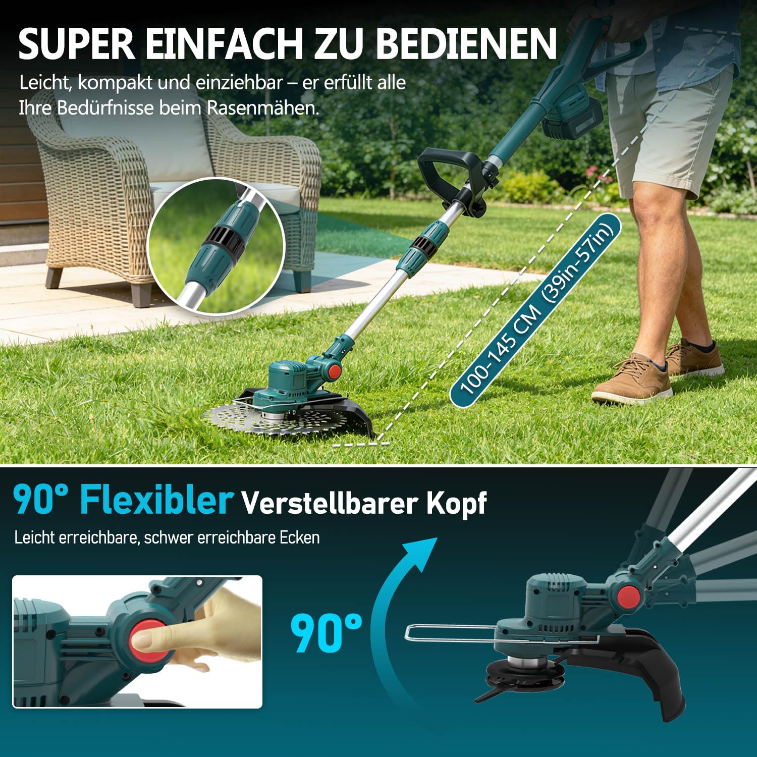 Rasentrimmer mit Akku Für Makita Akkus, 21V -750W Motor Mit 2 Akku und Ladegerät, 4-in-1 Akku rasentrimmer, Akku Freischneider, 20000U/min Mit LCD-Anzeige – für Dickicht und hohes Gras