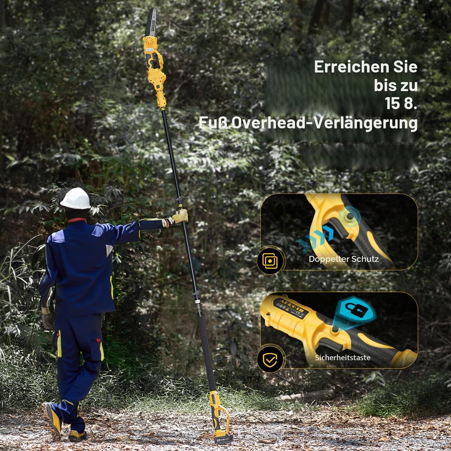 Akku-Hochentaster, 6-Zoll bürstenlose Mini-Kettensäge mit 2x 4000mAh Akkus & Ladegerät, elektrische Teleskop-Astsäge, 180° schwenkbarer Motorkopf, verstellbare Teleskopstange bis 2,8m