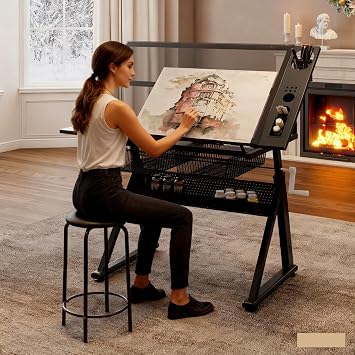 Drafting Table with Stool, Upgraded Hand Crank Adjustable Height Drawing Table Art Table Painting Table Art Craft Desk with 0-75 Tilting Glass Tabletop and Storage Drawers, Black