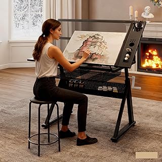 Drafting Table with Stool, Upgraded Hand Crank Height Adjustable Drawing Table Art Table Painting Table Art Craft Desk with 0-75° Tilting Glass Tabletop for Home Office, Black