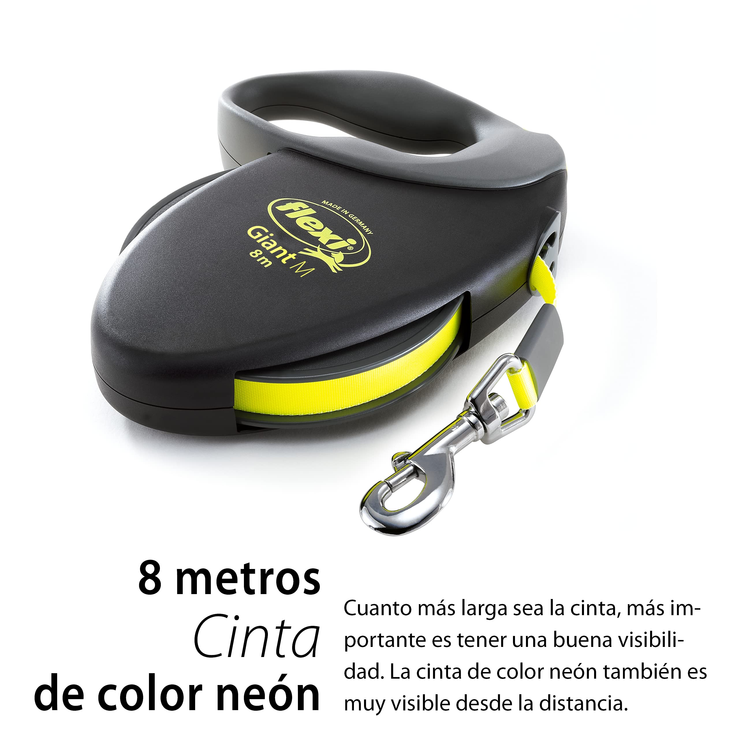 Croci Flexi New Neon Tape, Correa Reflectante Extensible para Perros, Talla M hasta 25 Kg, Longitud 8 Metros, Negro Y Amarillo & Flexi - Correa Giant L Cinta 8 m