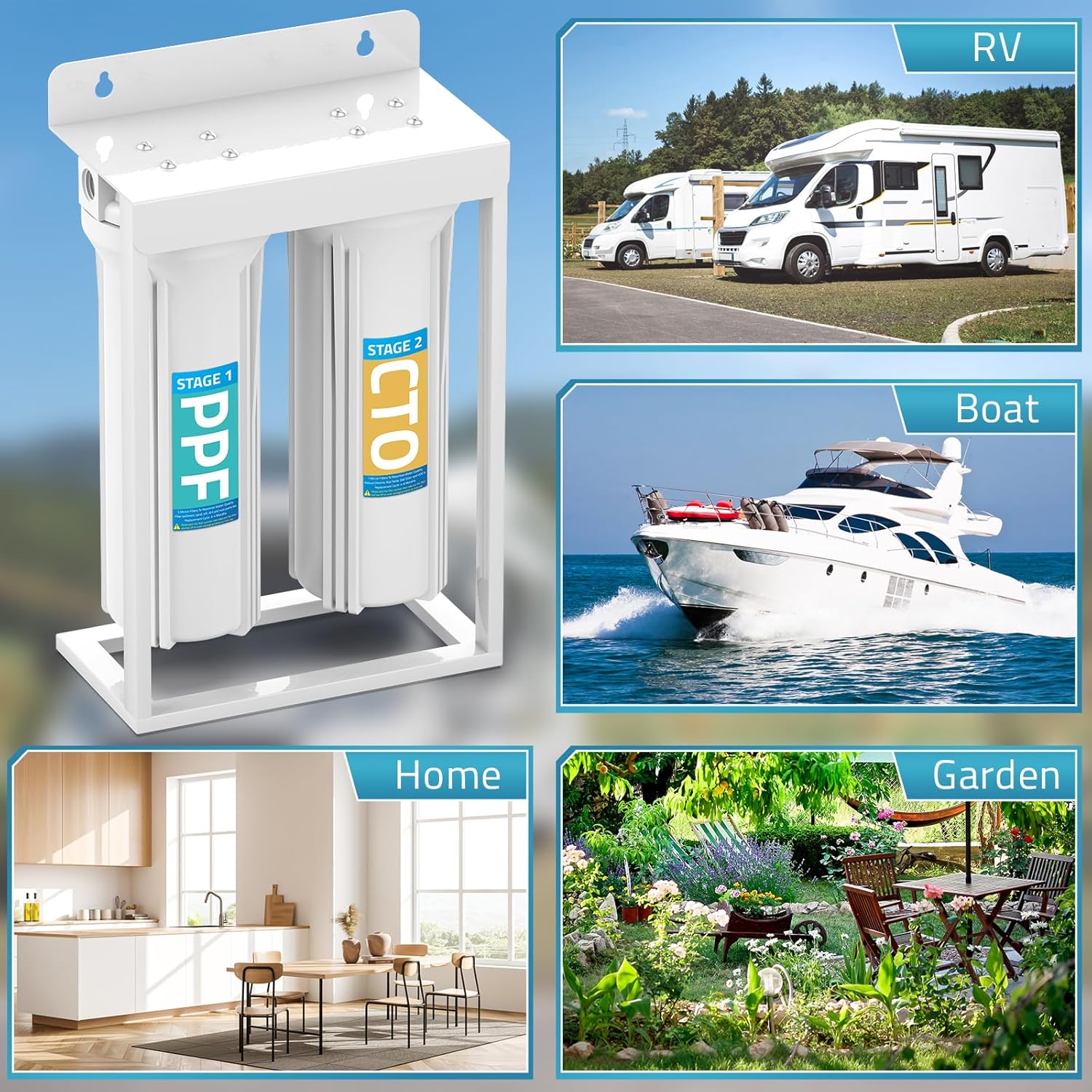 PAULINN External RV Dual Water Filters System, Lead-Free & BPA-Free Camper Water Filter with Brass Fittings & Mounting Bracket & Two Filters, Reduces Sediment, Chlorine, Bad Taste and Odors