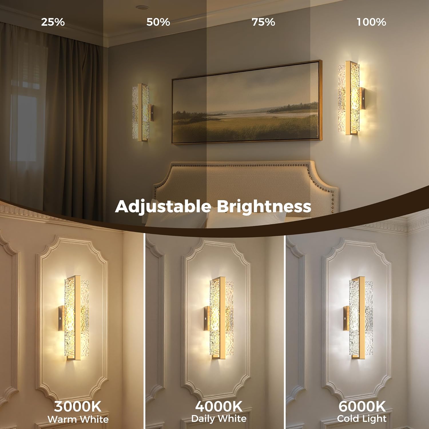 L LOHAS LED Gold Crystal Battery Operated Wall Sconce Set of 2, Dimmable with 3CCT, 10000mAh Rechargeable Battery with Remote Control, Modern Wireless LED with Timer, Living Room, Bedroom, Hallway